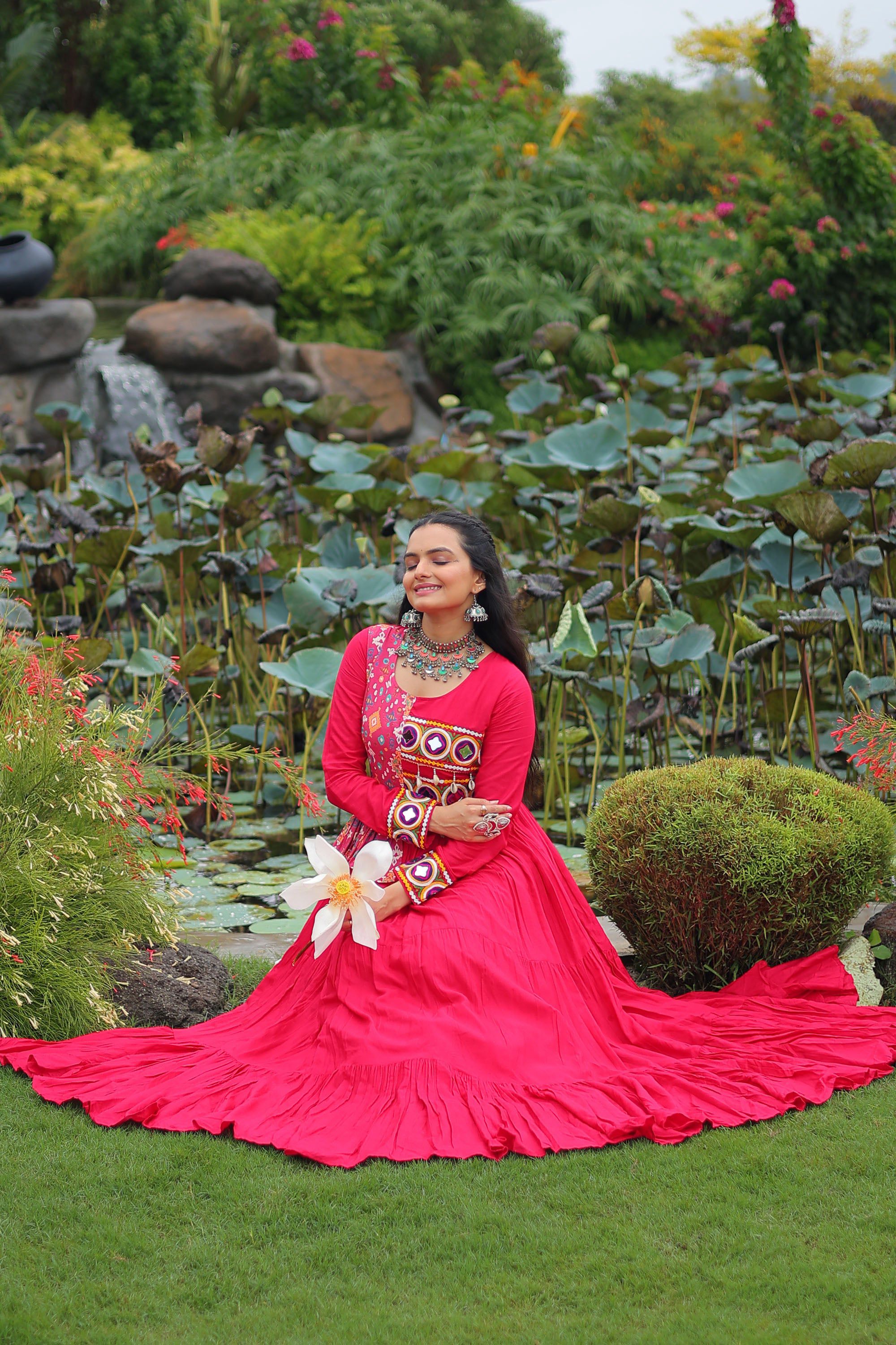 Lorenvalley Fashion Pink Rayon Kutchi Gamthi Embroidered Work & Cotton Print Work Gown