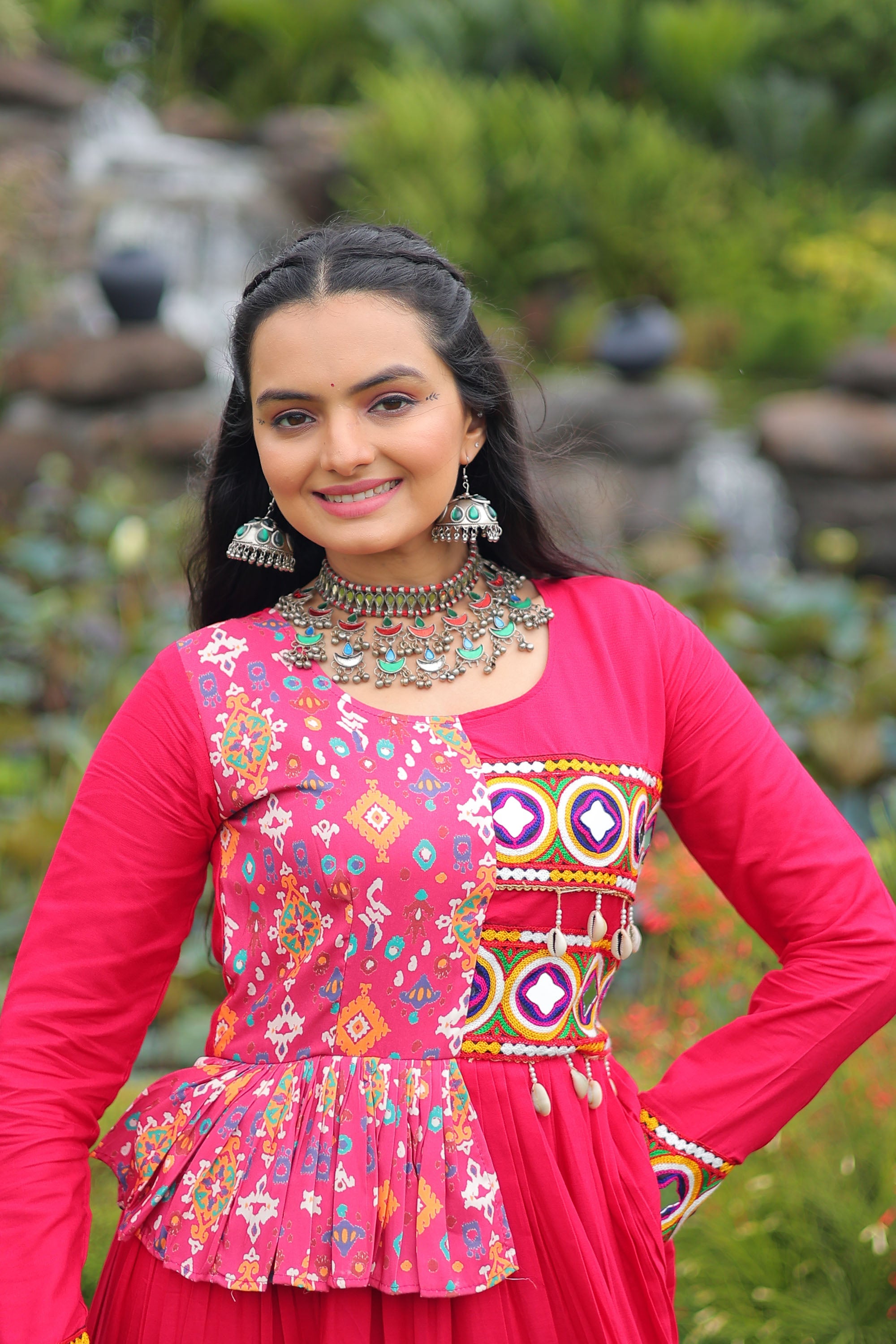 Lorenvalley Fashion Pink Rayon Kutchi Gamthi Embroidered Work & Cotton Print Work Gown