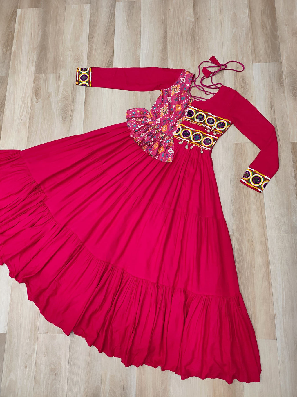 Lorenvalley Fashion Pink Rayon Kutchi Gamthi Embroidered Work & Cotton Print Work Gown