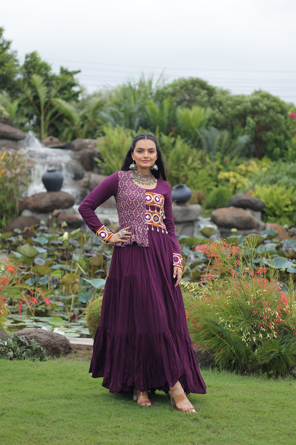 Lorenvalley Fashion Wine Rayon Kutchi Gamthi Embroidered Work & Cotton Print Work Gown