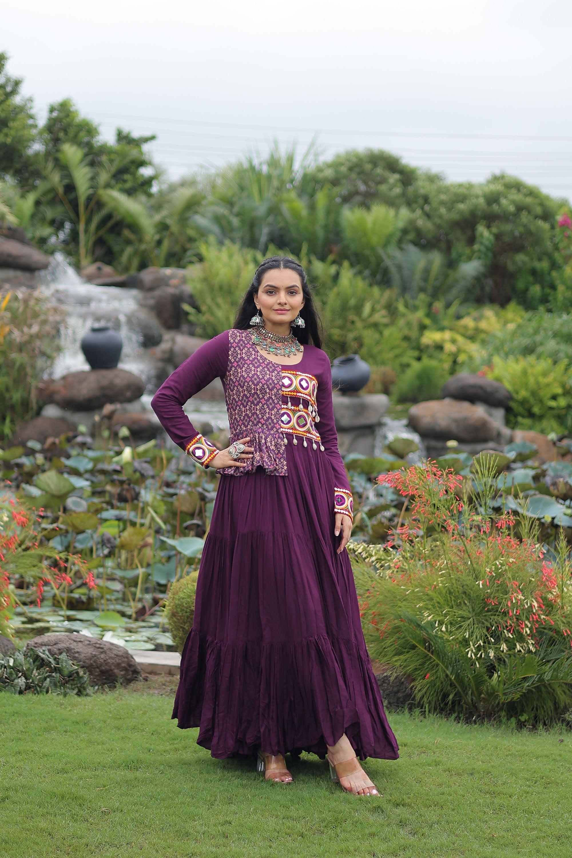 Lorenvalley Fashion Wine Rayon Kutchi Gamthi Embroidered Work & Cotton Print Work Gown