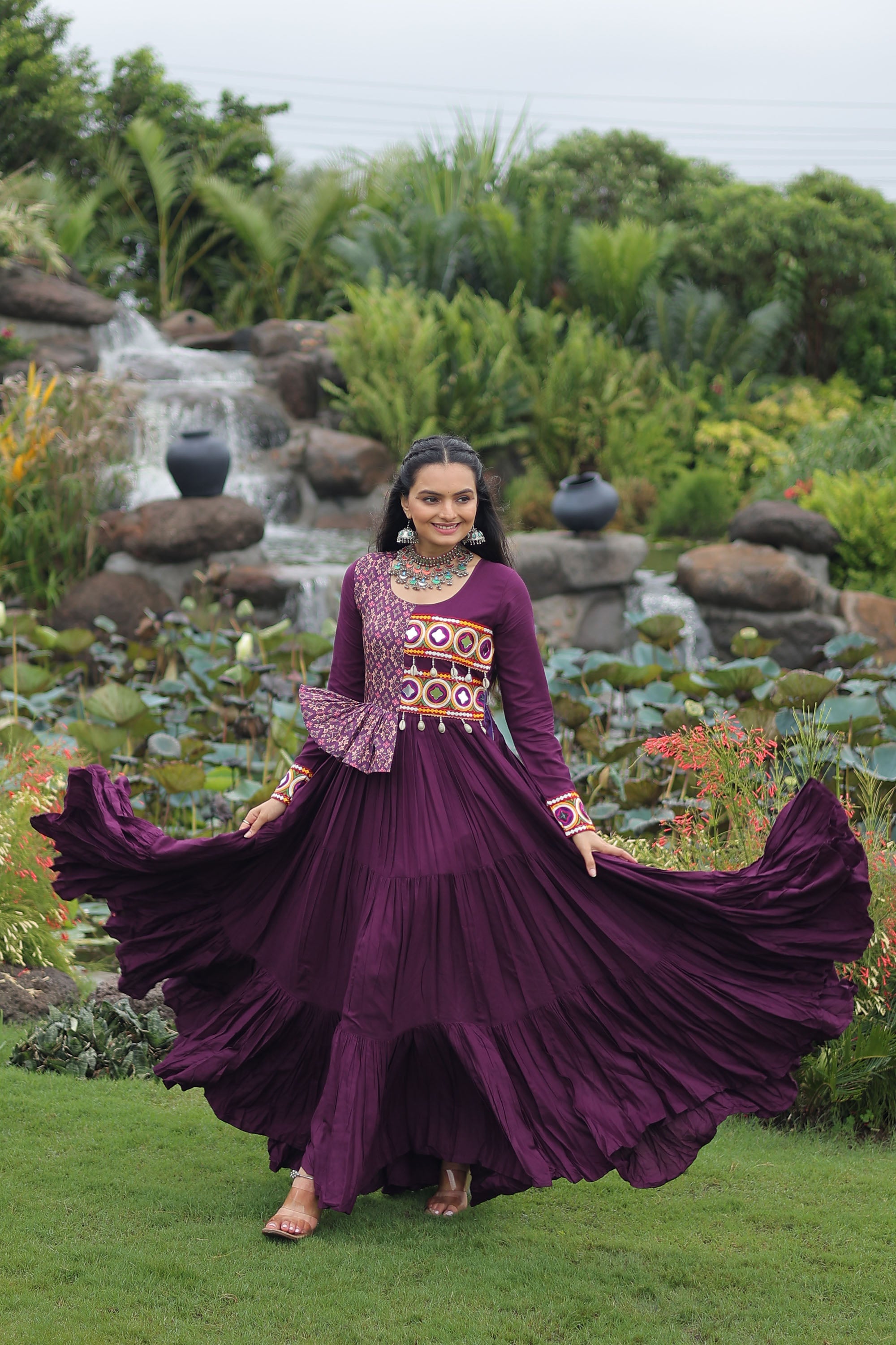 Lorenvalley Fashion Wine Rayon Kutchi Gamthi Embroidered Work & Cotton Print Work Gown