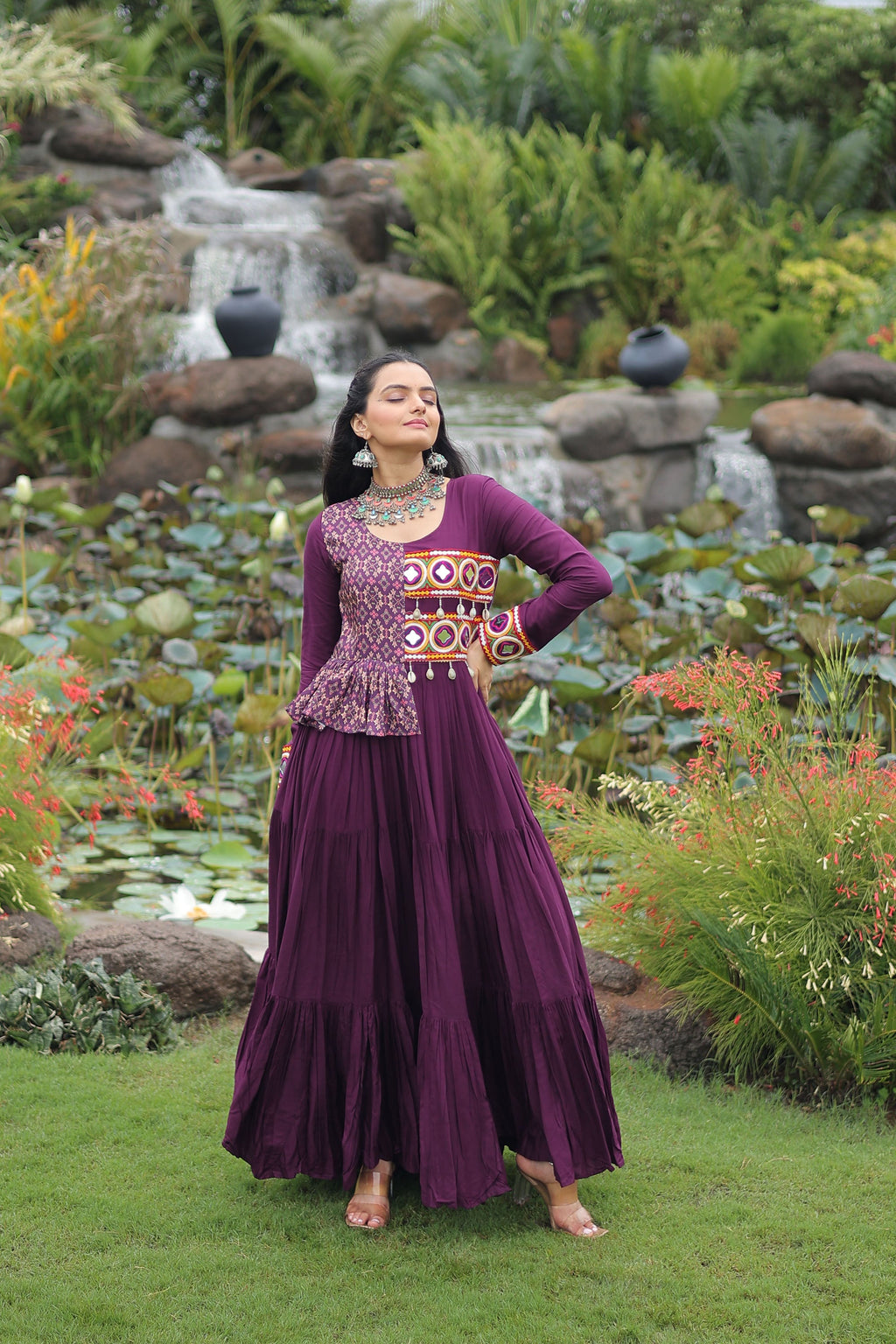 Lorenvalley Fashion Wine Rayon Kutchi Gamthi Embroidered Work & Cotton Print Work Gown