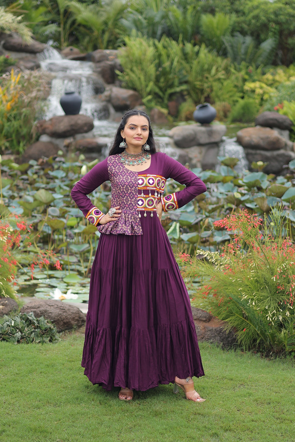 Lorenvalley Fashion Wine Rayon Kutchi Gamthi Embroidered Work & Cotton Print Work Gown
