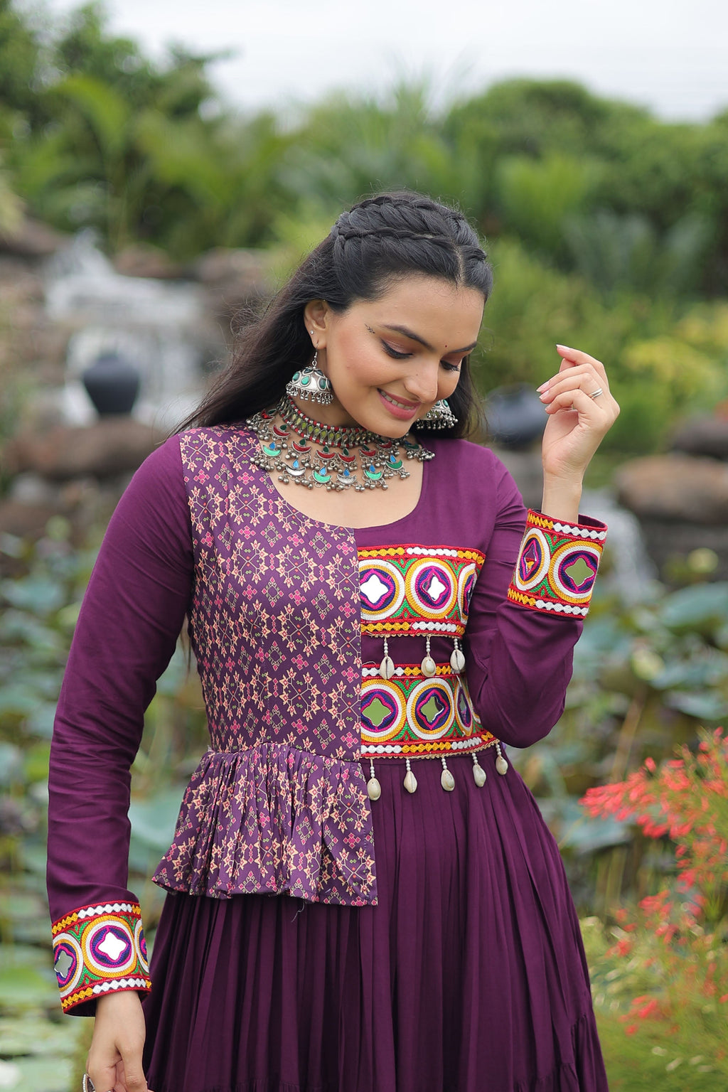 Lorenvalley Fashion Wine Rayon Kutchi Gamthi Embroidered Work & Cotton Print Work Gown
