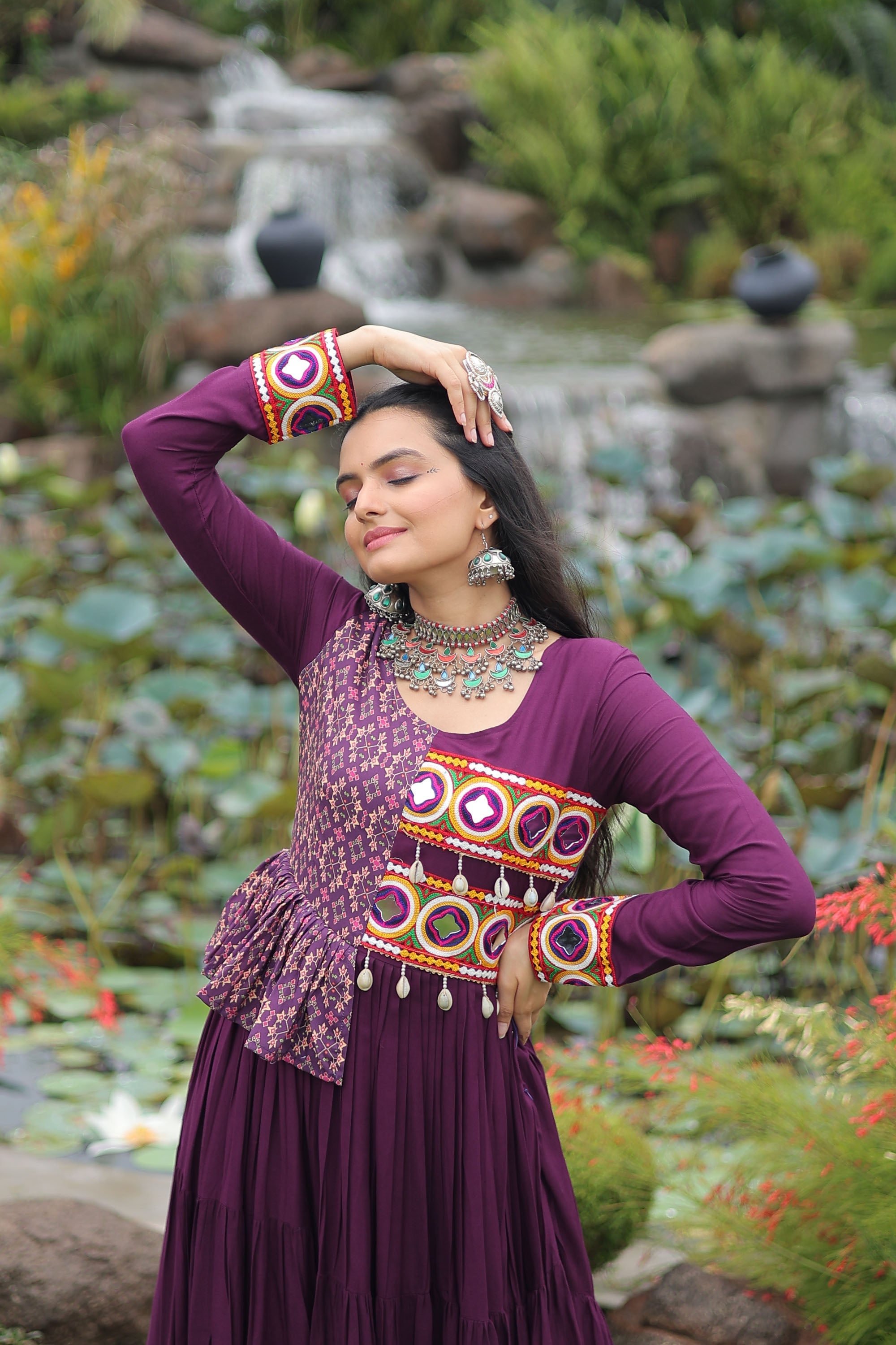 Lorenvalley Fashion Wine Rayon Kutchi Gamthi Embroidered Work & Cotton Print Work Gown