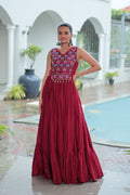 Prazu Fashion Maroon Reyon Kutchi Gamthi Thread Work Navaratri Gown