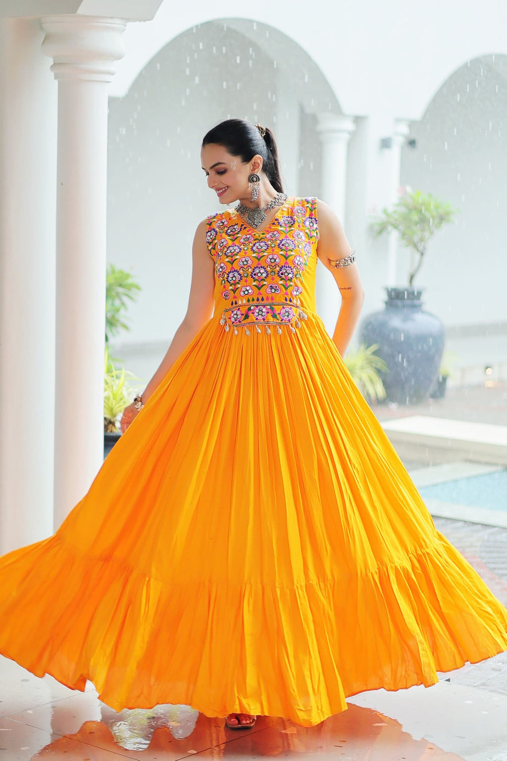 Prazu Fashion Yellow Reyon Kutchi Gamthi Thread Work Navaratri Gown