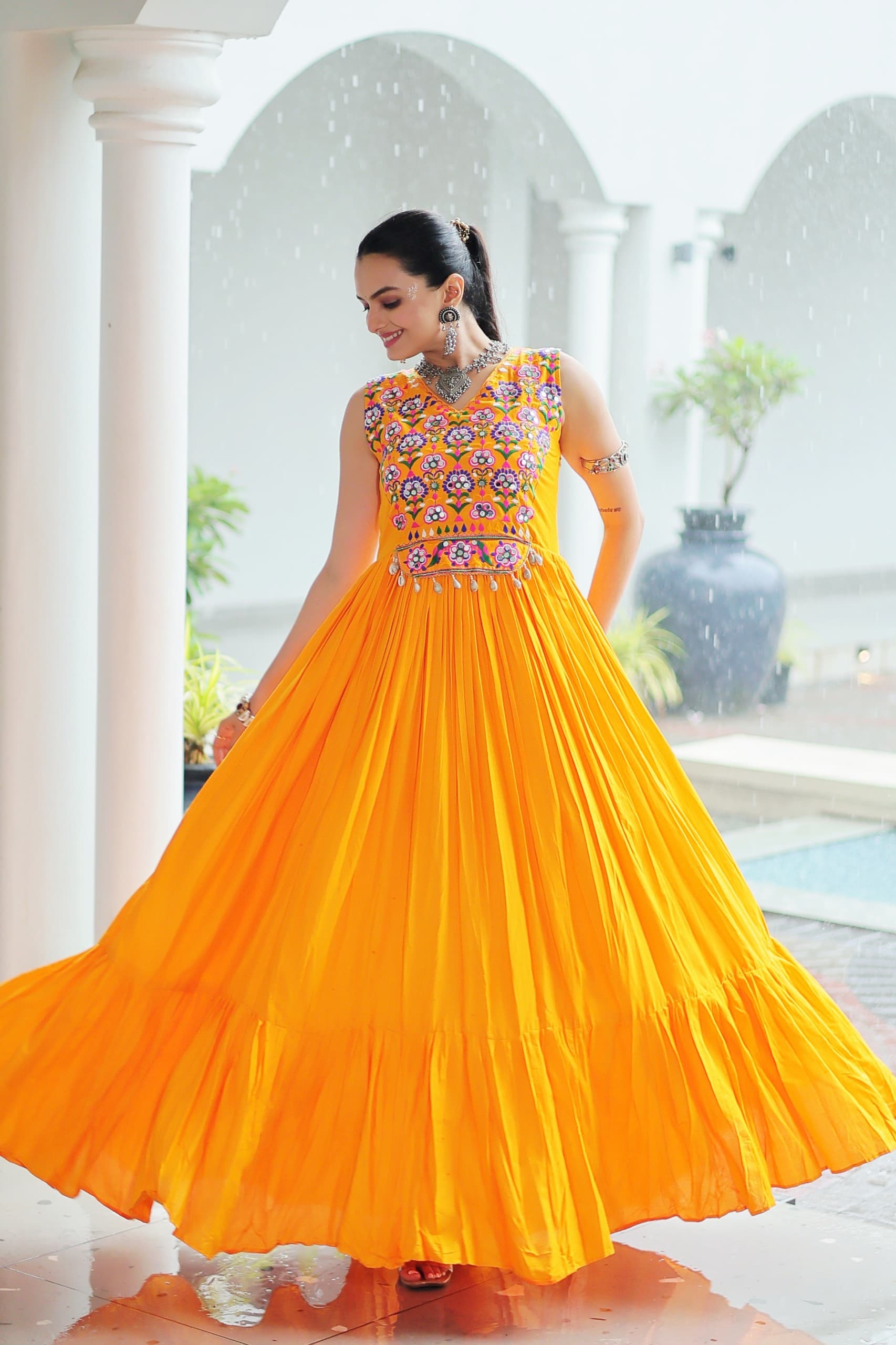 Prazu Fashion Yellow Reyon Kutchi Gamthi Thread Work Navaratri Gown