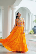 Prazu Fashion Yellow Reyon Kutchi Gamthi Thread Work Navaratri Gown
