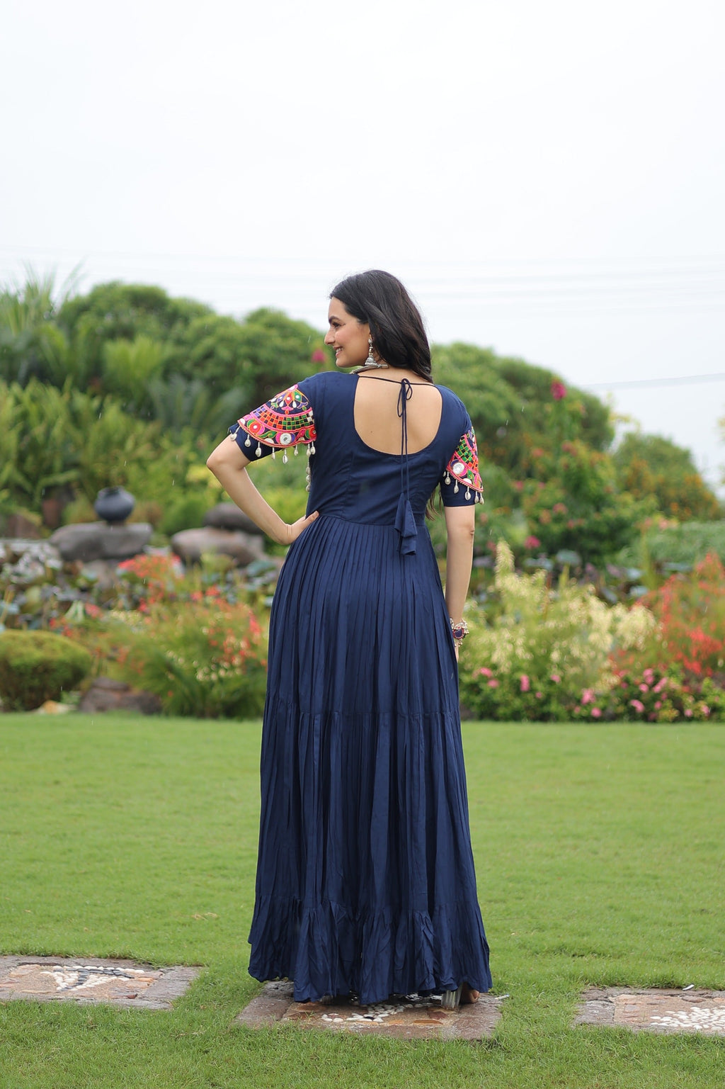 Prazu Fashion Navy Blue Reyon Kutchi Gamthi Work Navaratri Gown