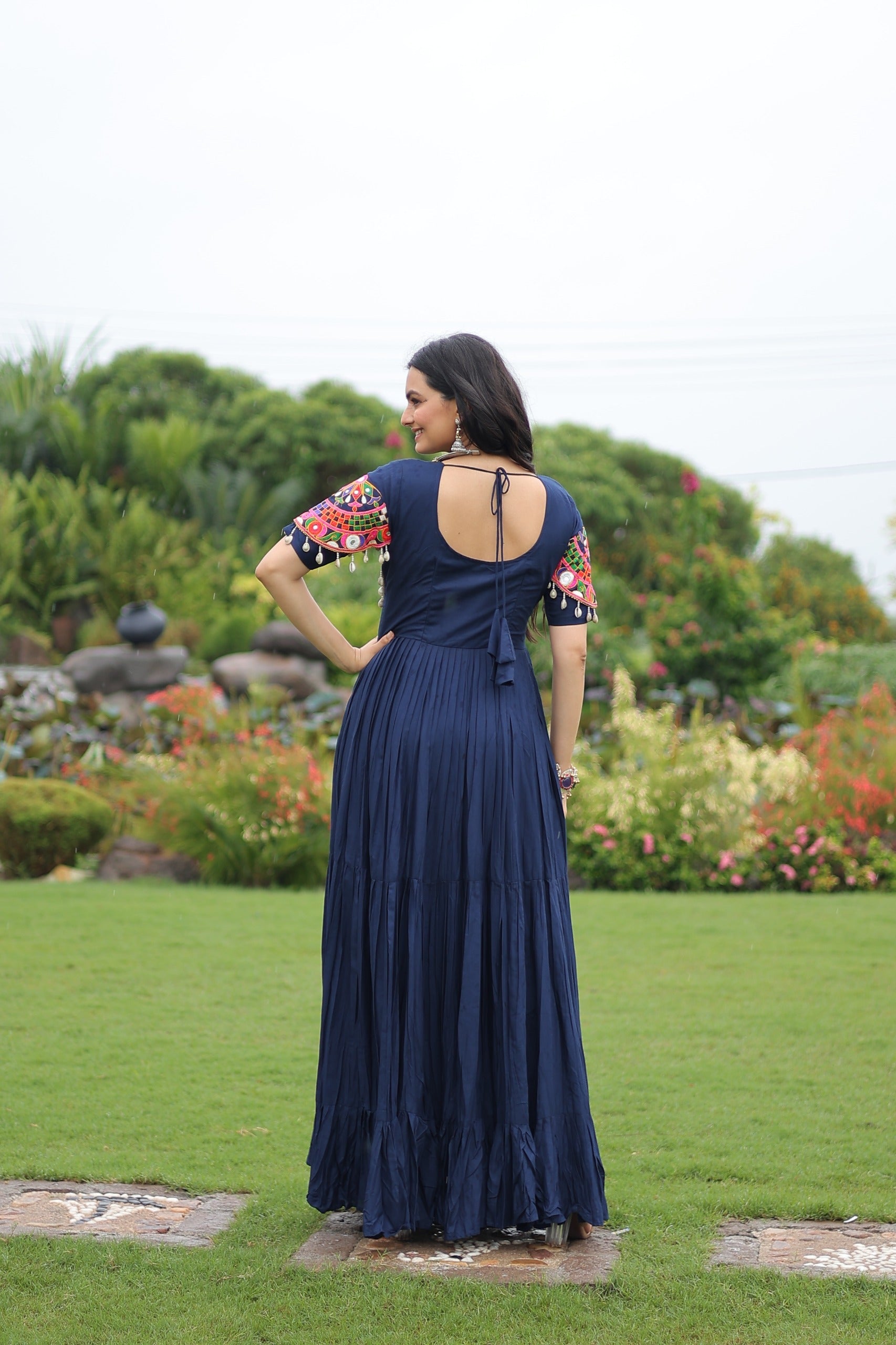 Prazu Fashion Navy Blue Reyon Kutchi Gamthi Work Navaratri Gown