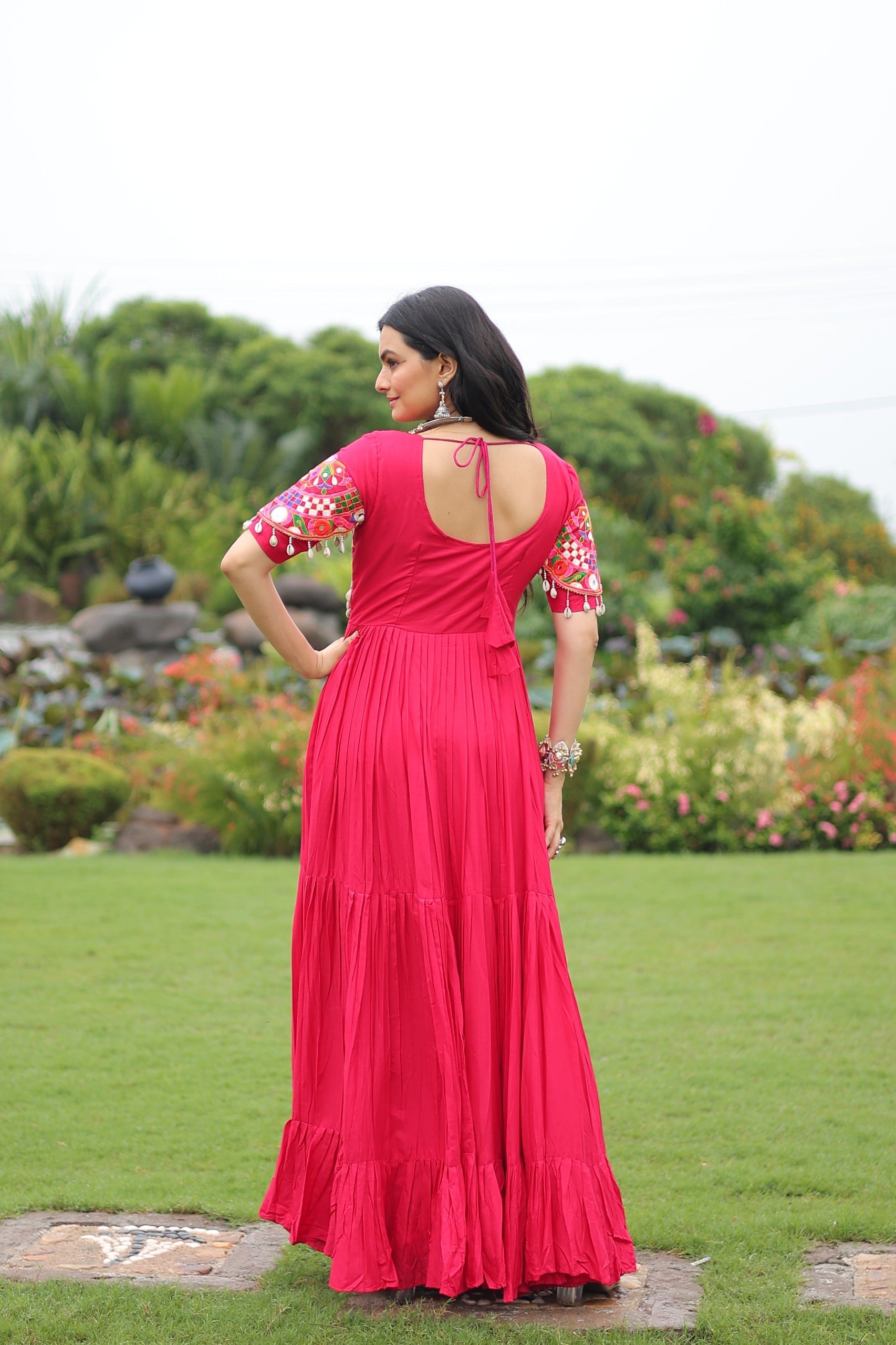 Prazu Fashion Rani Pink Reyon Kutchi Gamthi Work Navaratri Gown