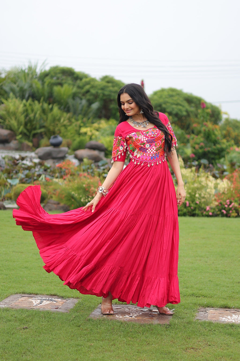 Prazu Fashion Rani Pink Reyon Kutchi Gamthi Work Navaratri Gown