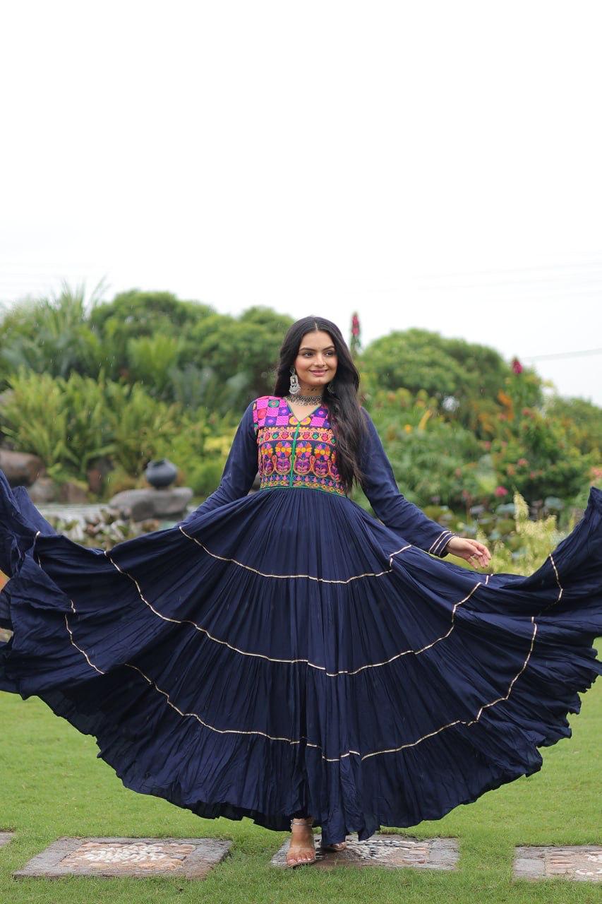 Prazu Fashion Blue Rayon Kutchi Gamthi Embroidered & Mirror Hand Work Navratri Gown