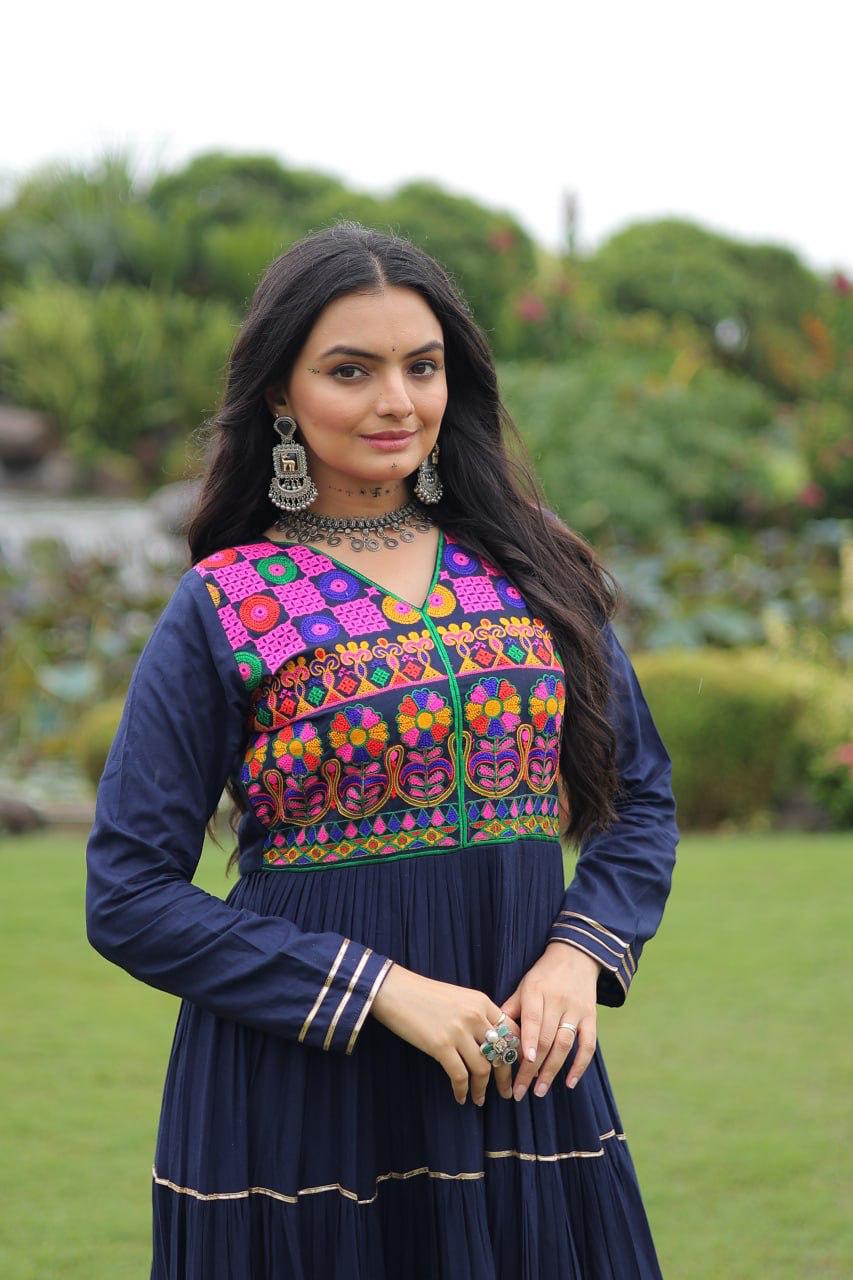 Prazu Fashion Blue Rayon Kutchi Gamthi Embroidered & Mirror Hand Work Navratri Gown