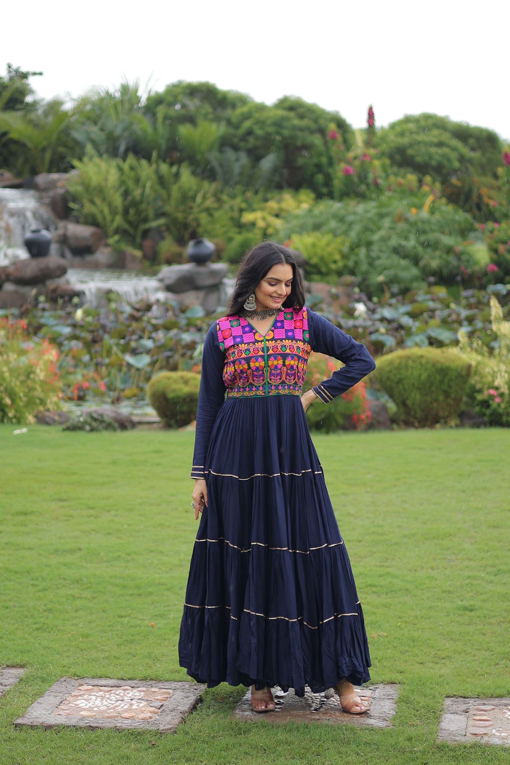 Lorenvalley Fashion Navyblue Rayon Kutchi Gamthi Embroidered & Mirror hand Work Gown