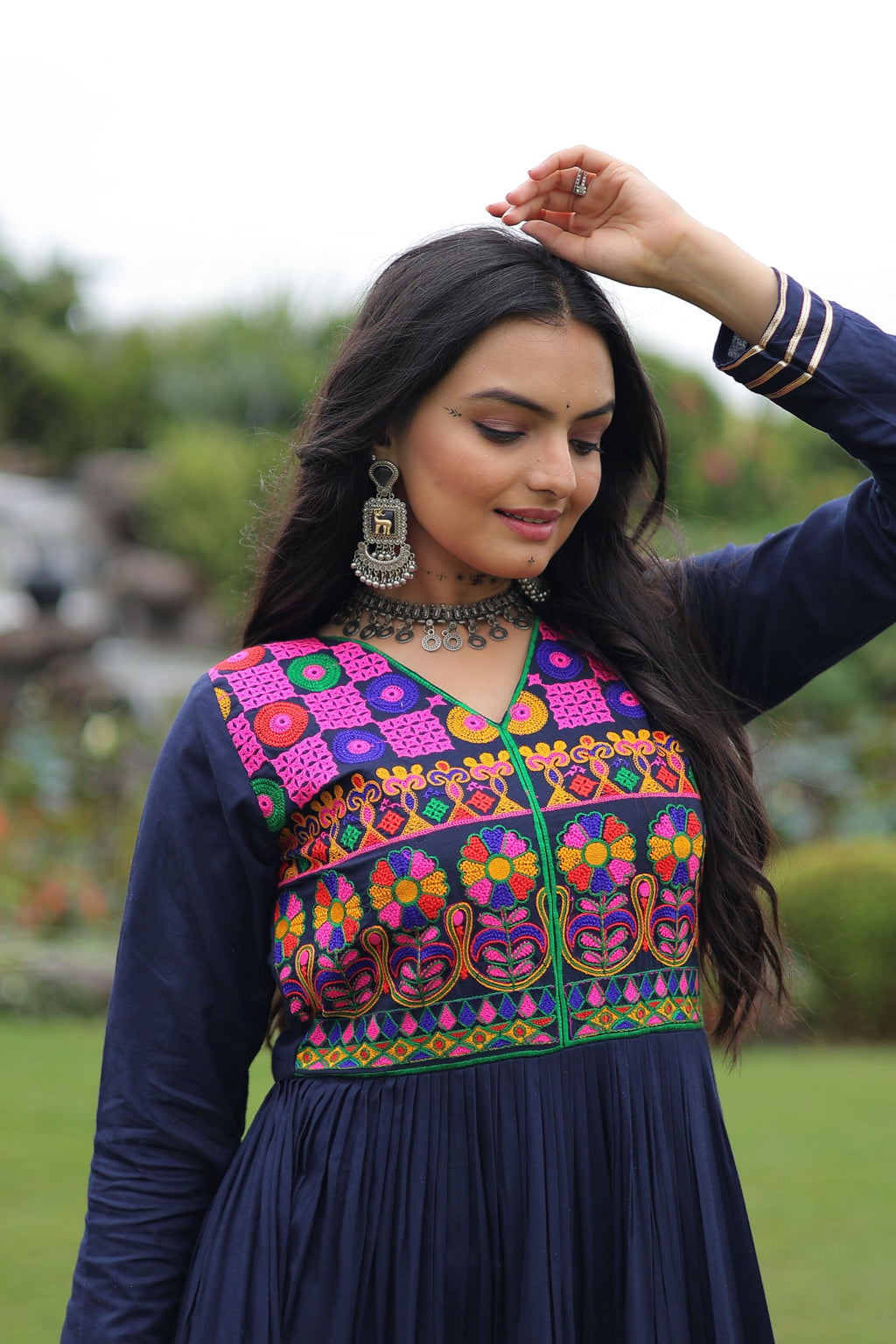 Lorenvalley Fashion Navyblue Rayon Kutchi Gamthi Embroidered & Mirror hand Work Gown