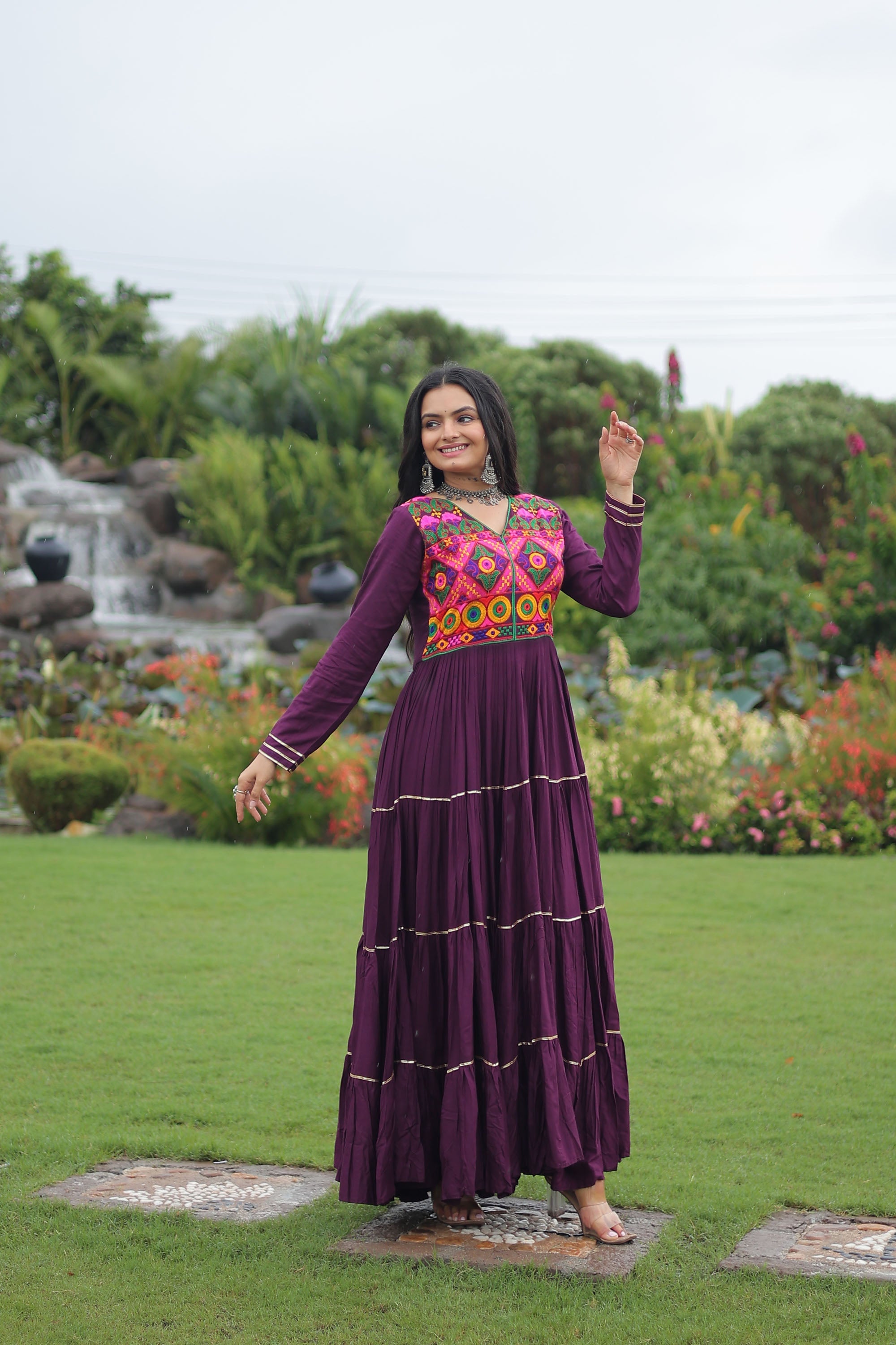 Lorenvalley Fashion Wine Rayon Kutchi Gamthi Embroidered & Mirror hand Work Gown