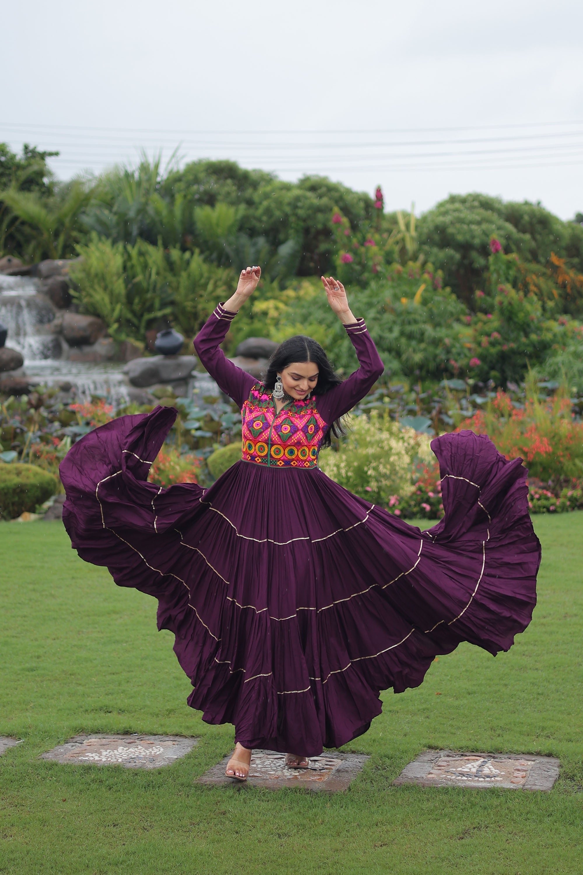 Lorenvalley Fashion Wine Rayon Kutchi Gamthi Embroidered & Mirror hand Work Gown