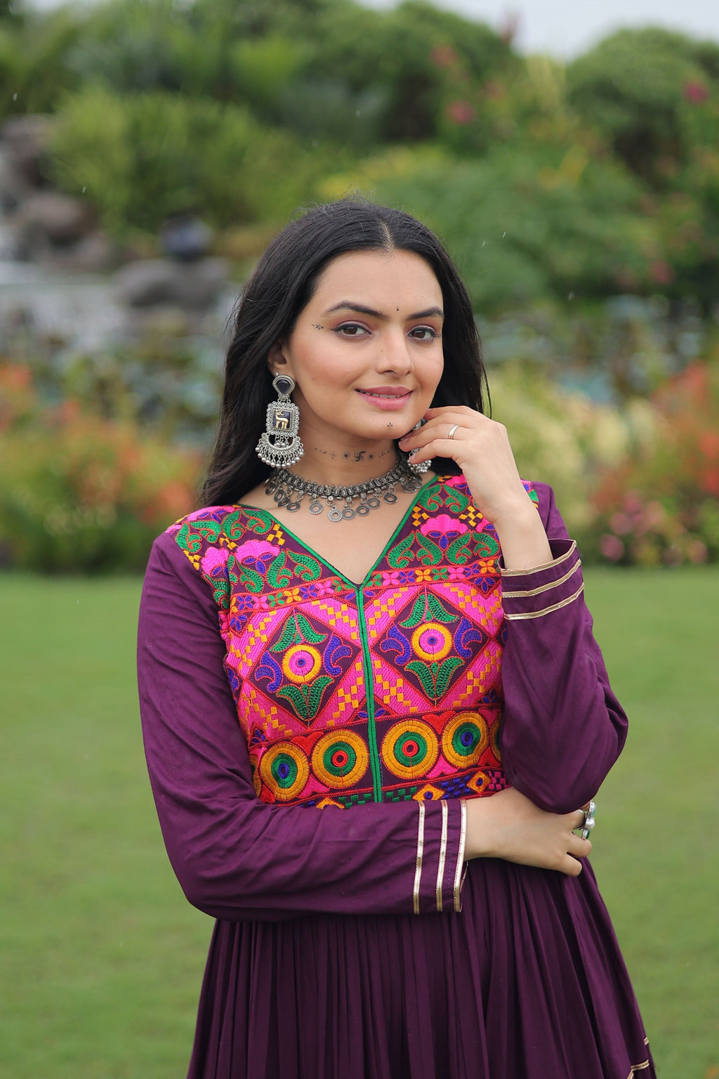 Lorenvalley Fashion Wine Rayon Kutchi Gamthi Embroidered & Mirror hand Work Gown