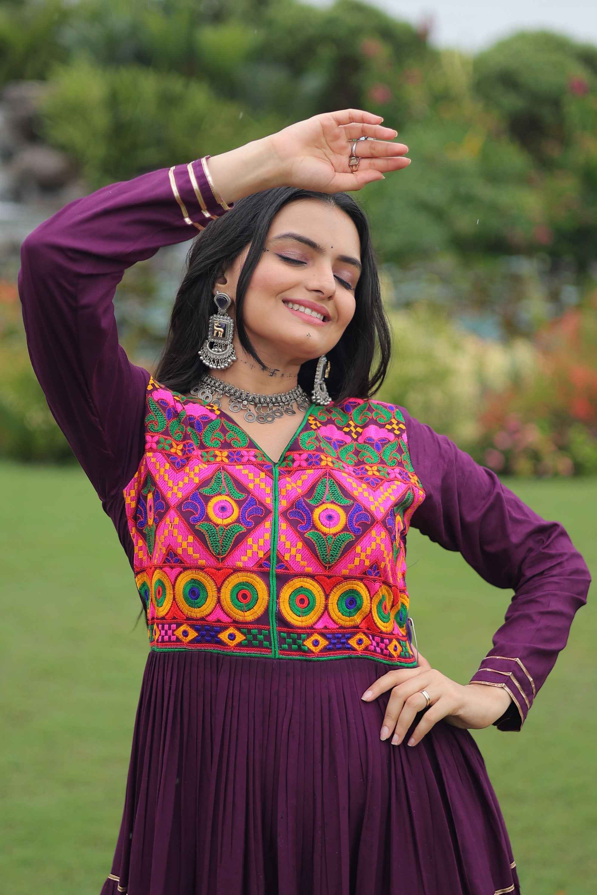Lorenvalley Fashion Wine Rayon Kutchi Gamthi Embroidered & Mirror hand Work Gown