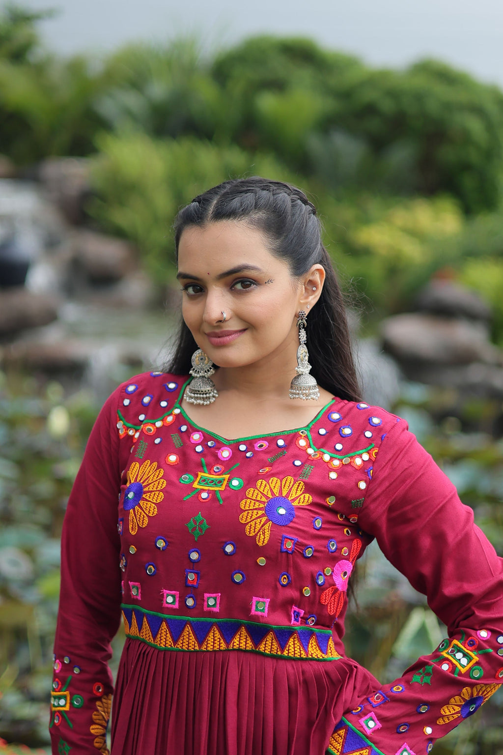 Lorenvalley Fashion Maroon Rayon Kutchi Gamthi Work Gown