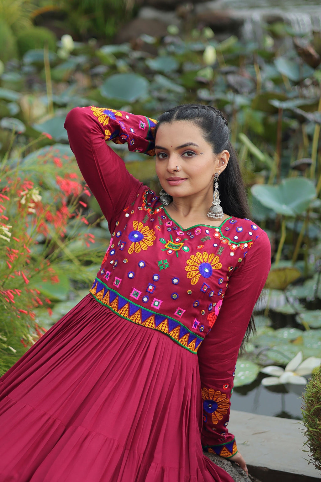 Lorenvalley Fashion Maroon Rayon Kutchi Gamthi Work Gown