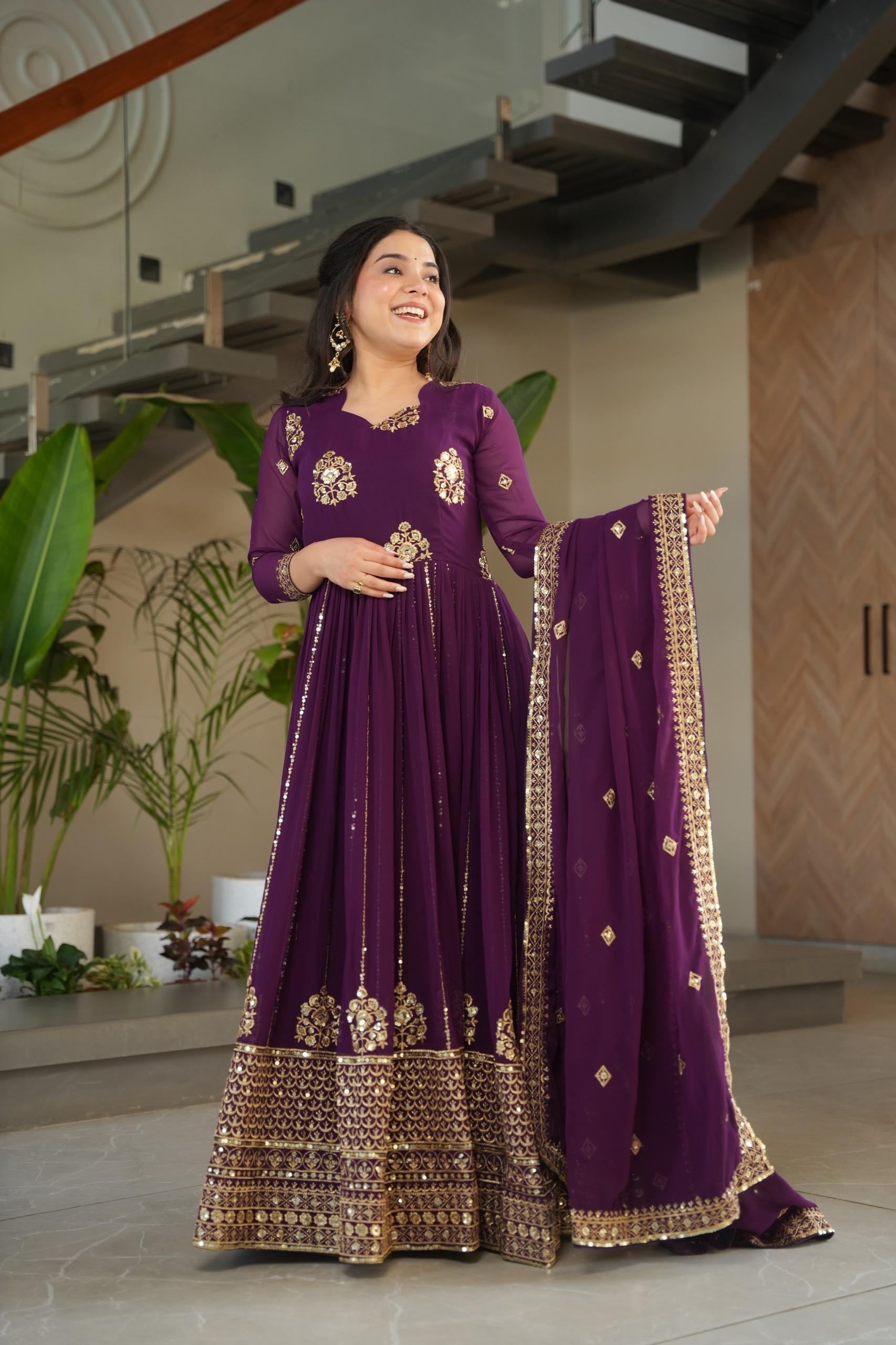 Prazu Fashion Purple Georgette Rich Zari & Sequins Embroidered Gown