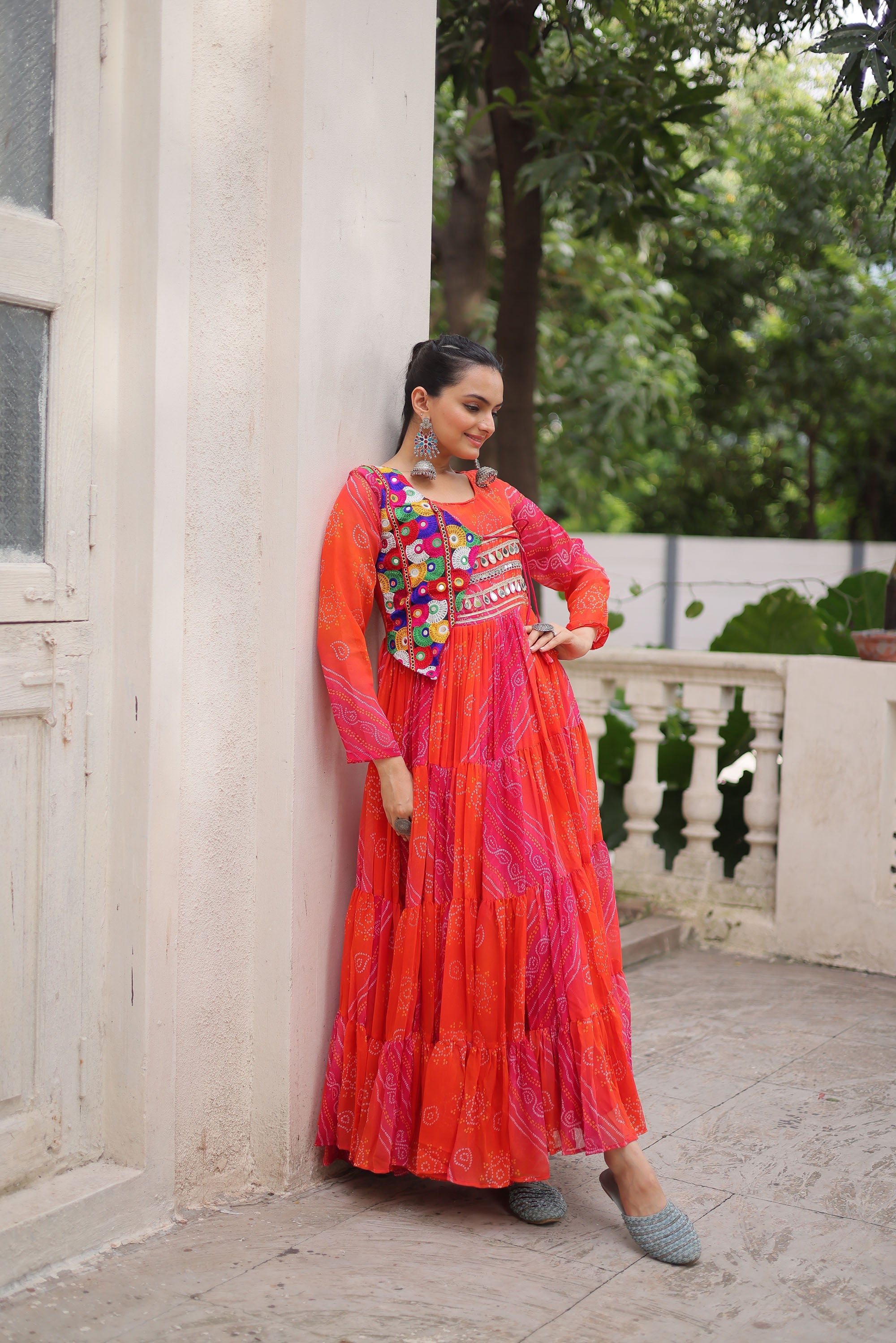 Lorenvalley Fashion Multicolor Faux Georgette Laheriya & Bandhej Print with kutchi patche work Gown