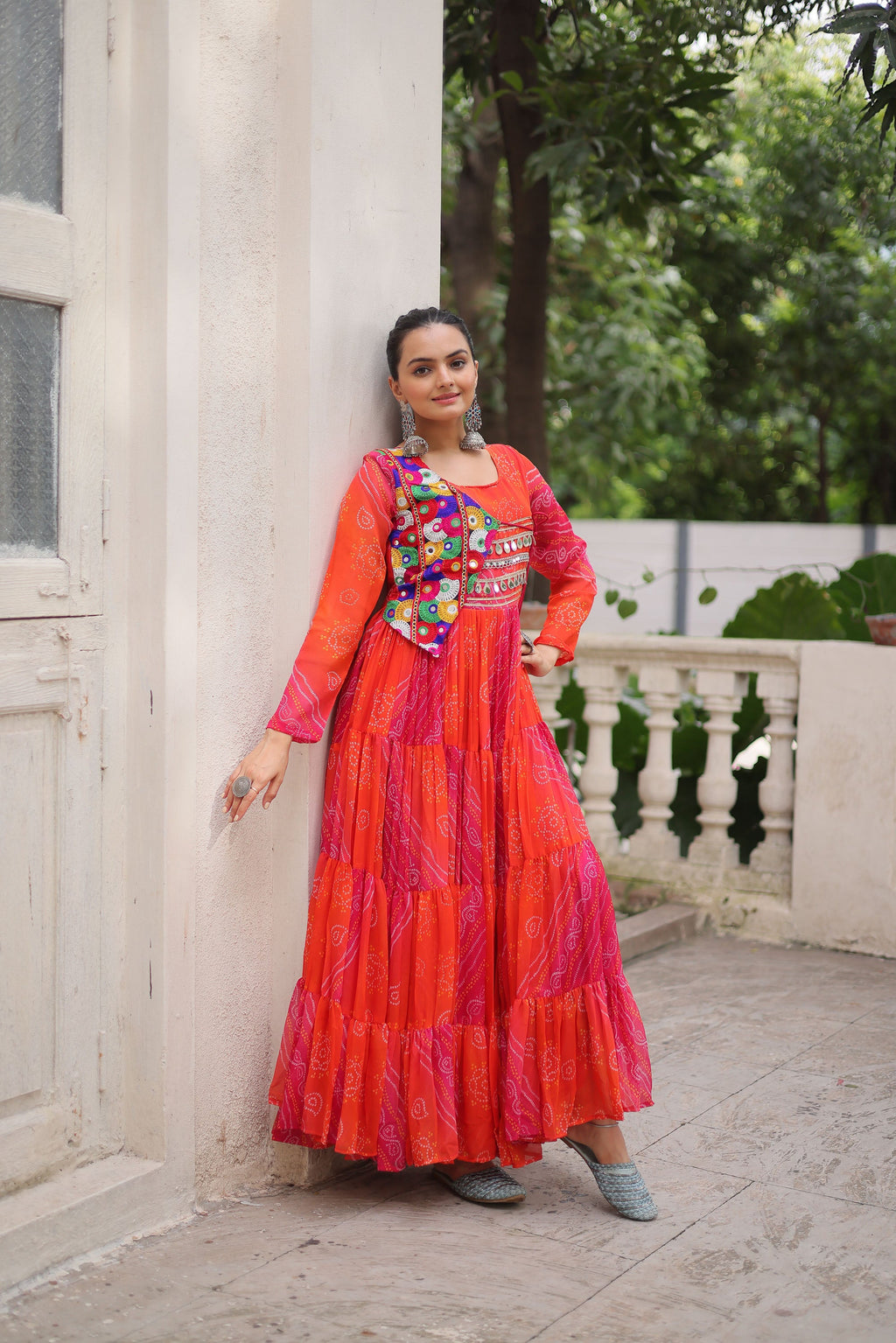 Lorenvalley Fashion Multicolor Faux Georgette Laheriya & Bandhej Print with kutchi patche work Gown