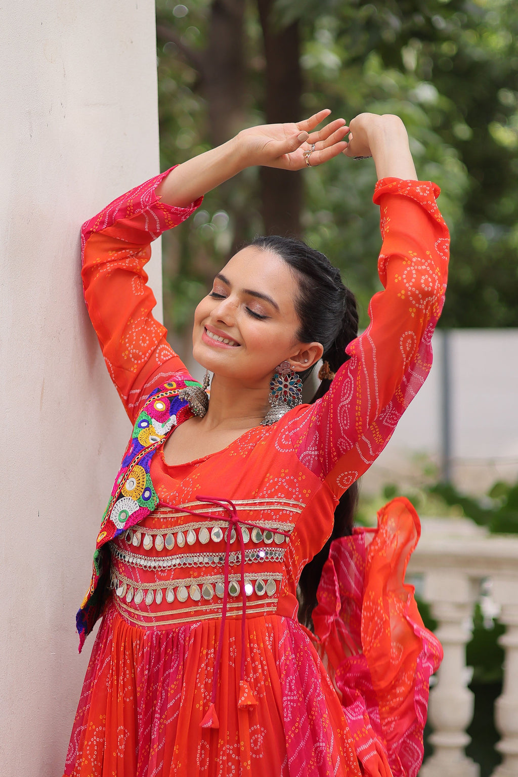 Lorenvalley Fashion Multicolor Faux Georgette Laheriya & Bandhej Print with kutchi patche work Gown