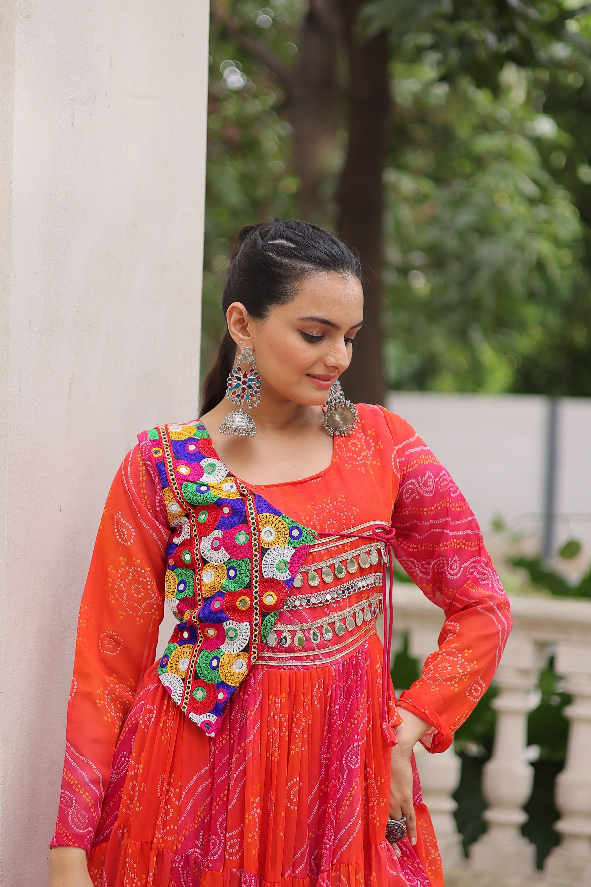 Lorenvalley Fashion Multicolor Faux Georgette Laheriya & Bandhej Print with kutchi patche work Gown