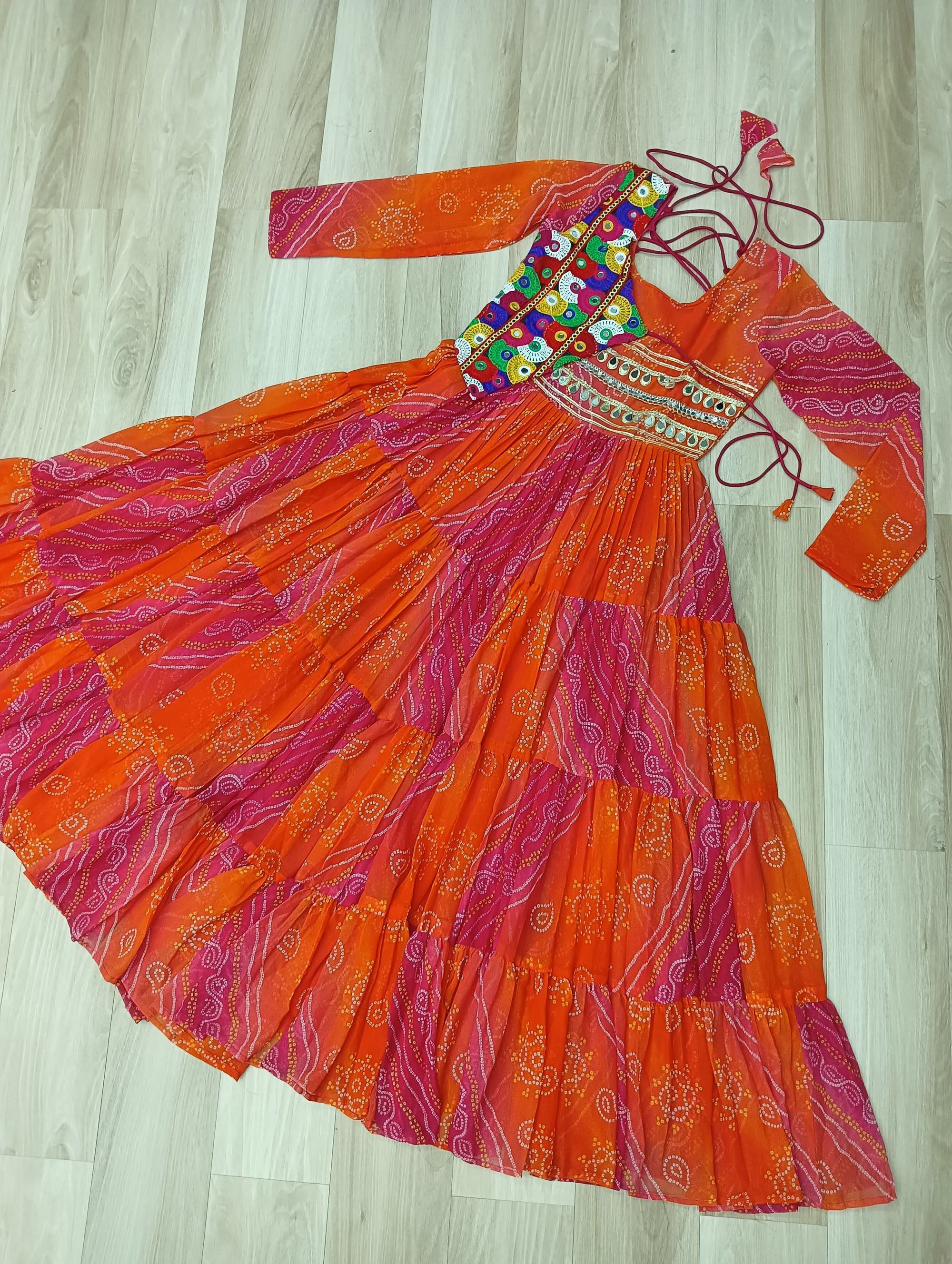 Lorenvalley Fashion Multicolor Faux Georgette Laheriya & Bandhej Print with kutchi patche work Gown