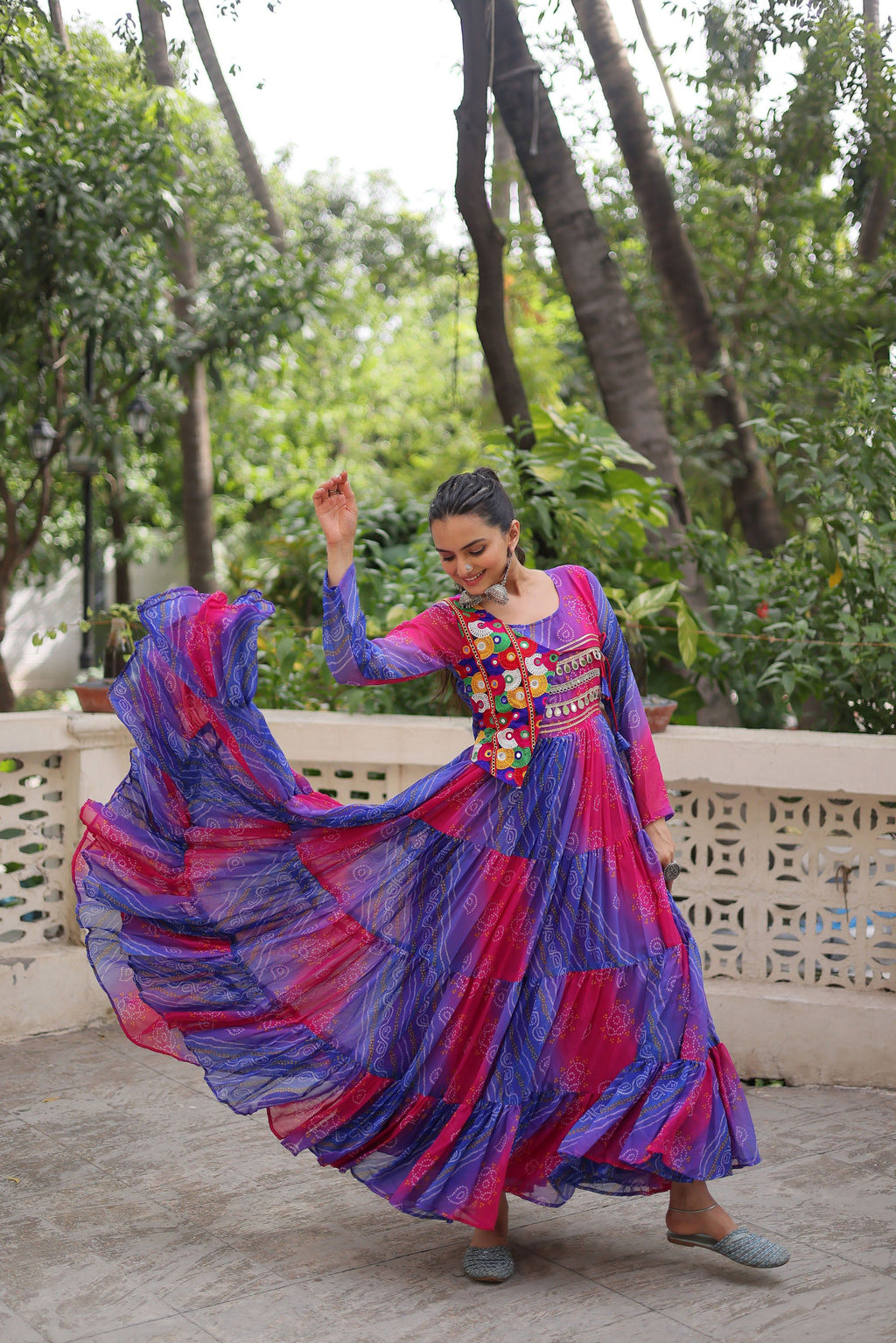 Lorenvalley Fashion Multicolor Faux Georgette Laheriya & Bandhej Print with kutchi patche work Gown