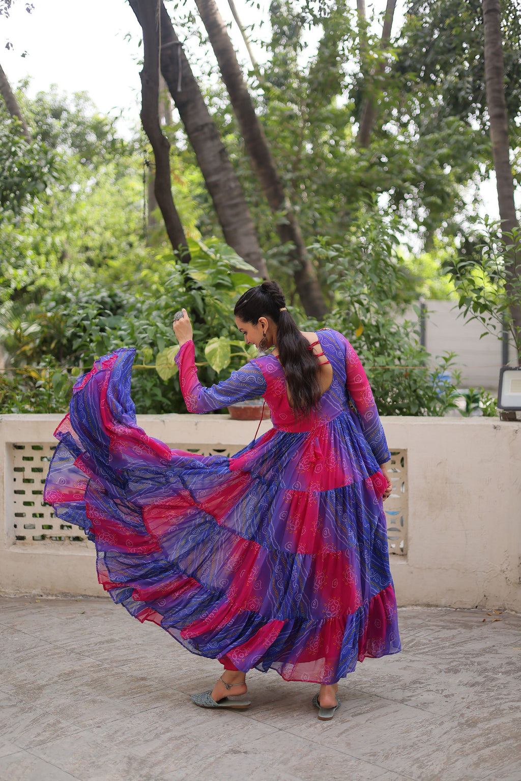 Lorenvalley Fashion Multicolor Faux Georgette Laheriya & Bandhej Print with kutchi patche work Gown