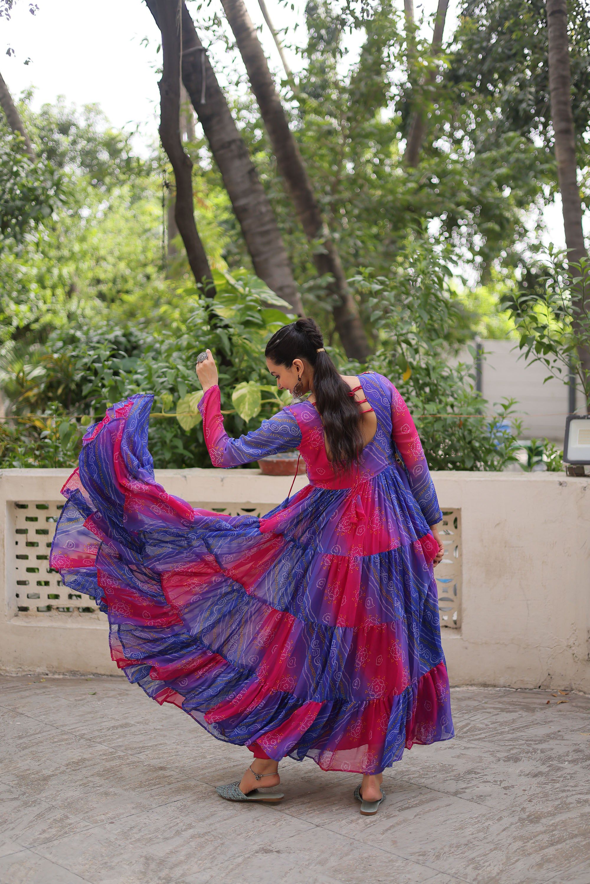 Lorenvalley Fashion Multicolor Faux Georgette Laheriya & Bandhej Print with kutchi patche work Gown