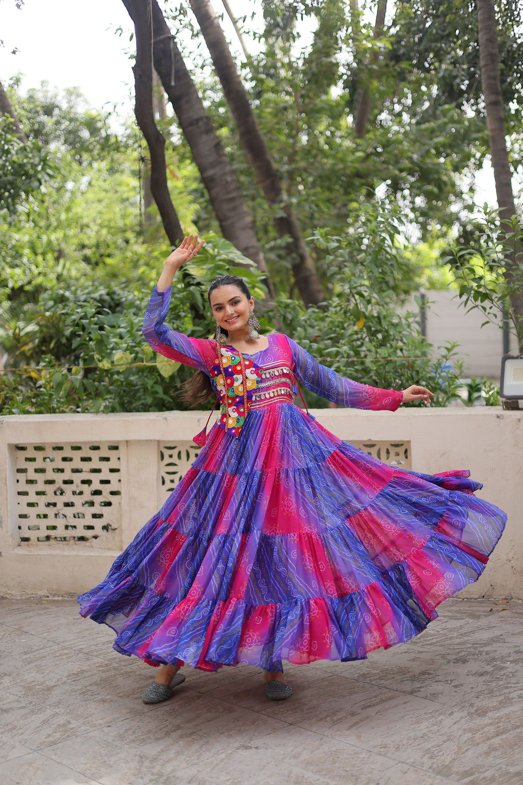 Lorenvalley Fashion Multicolor Faux Georgette Laheriya & Bandhej Print with kutchi patche work Gown