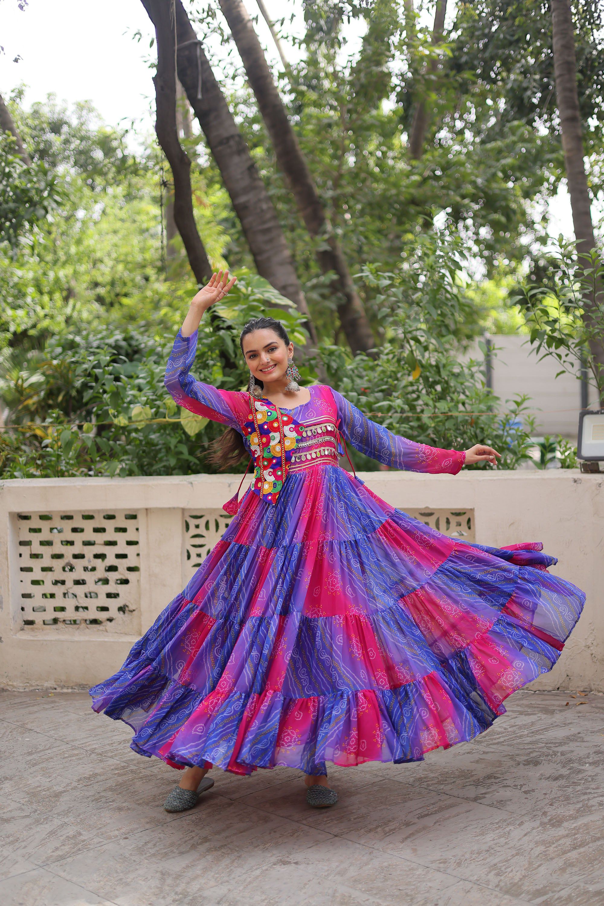 Lorenvalley Fashion Multicolor Faux Georgette Laheriya & Bandhej Print with kutchi patche work Gown