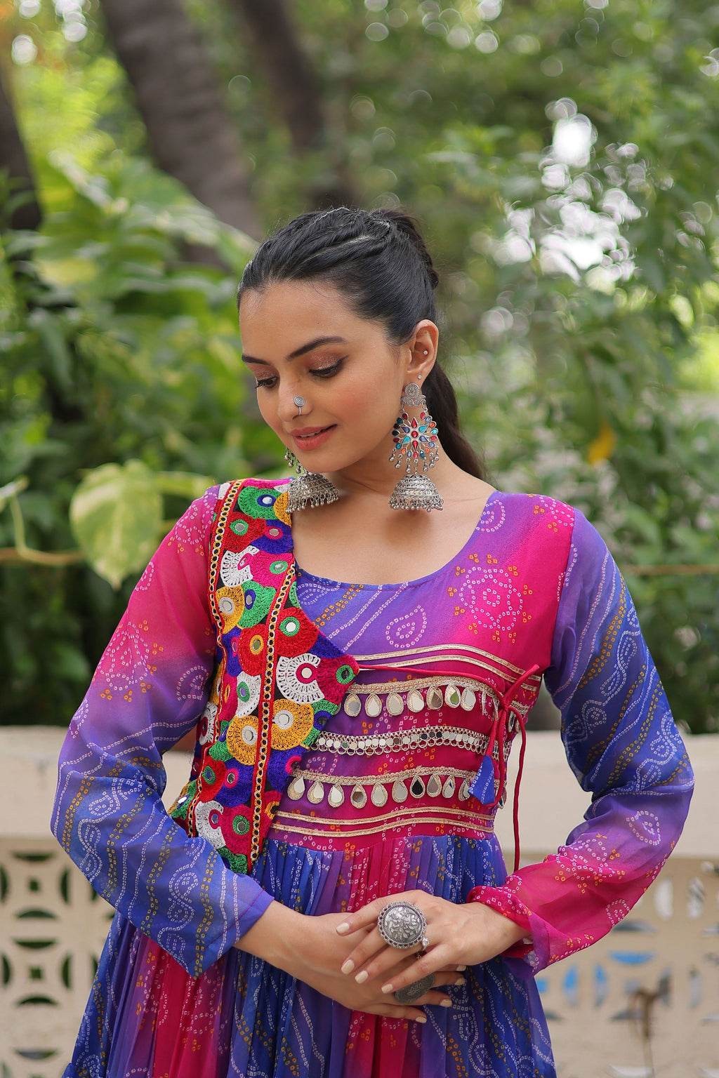 Lorenvalley Fashion Multicolor Faux Georgette Laheriya & Bandhej Print with kutchi patche work Gown