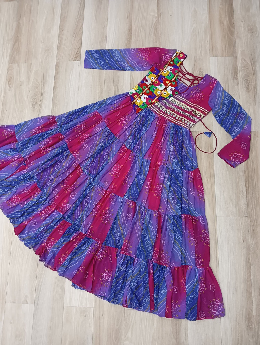 Lorenvalley Fashion Multicolor Faux Georgette Laheriya & Bandhej Print with kutchi patche work Gown