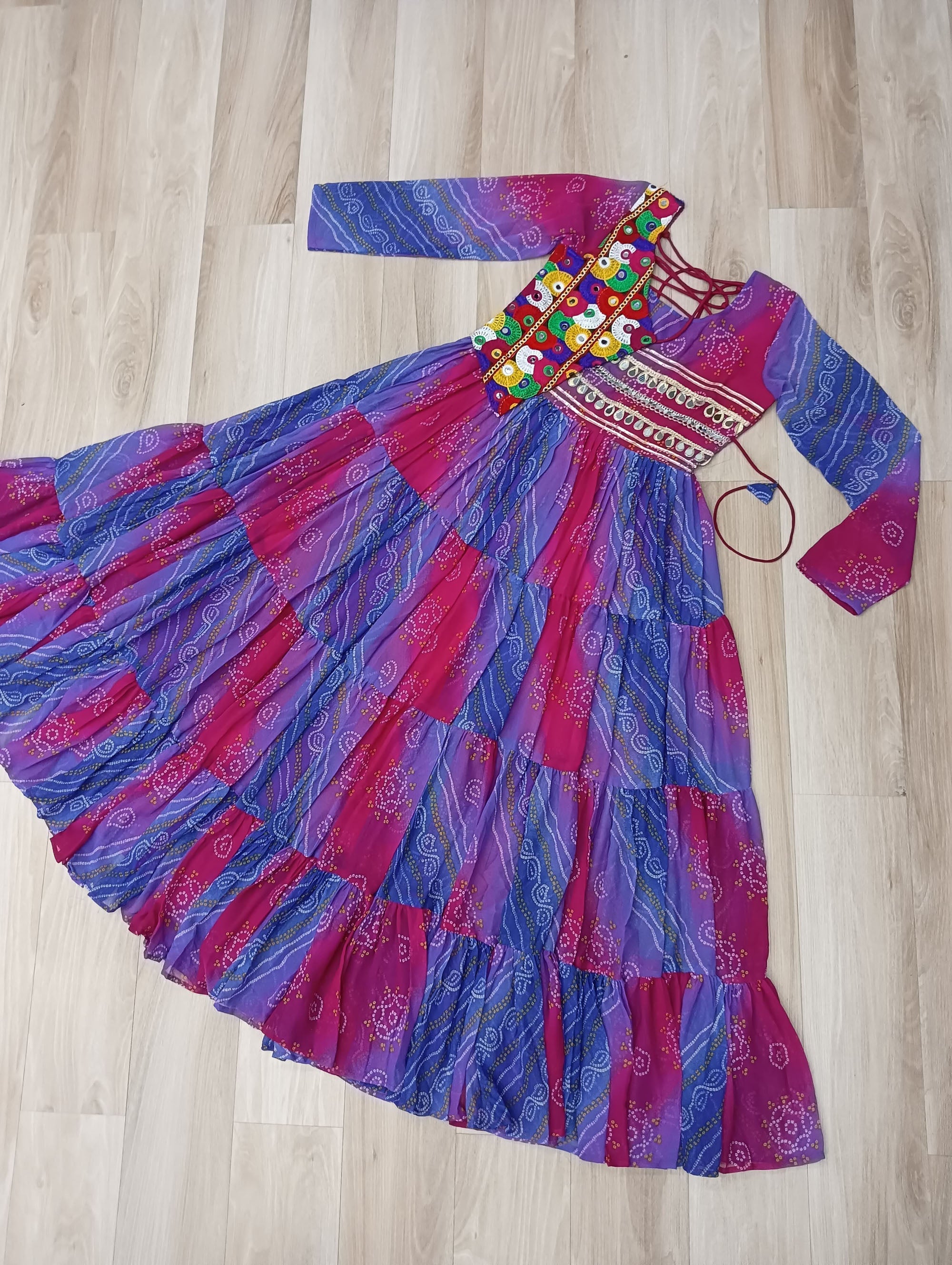 Lorenvalley Fashion Multicolor Faux Georgette Laheriya & Bandhej Print with kutchi patche work Gown
