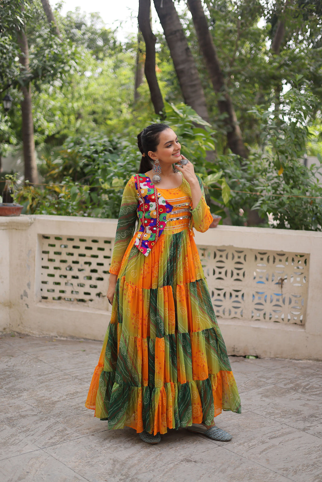 Lorenvalley Fashion Multicolor Faux Georgette Laheriya & Bandhej Print with kutchi patche work Gown
