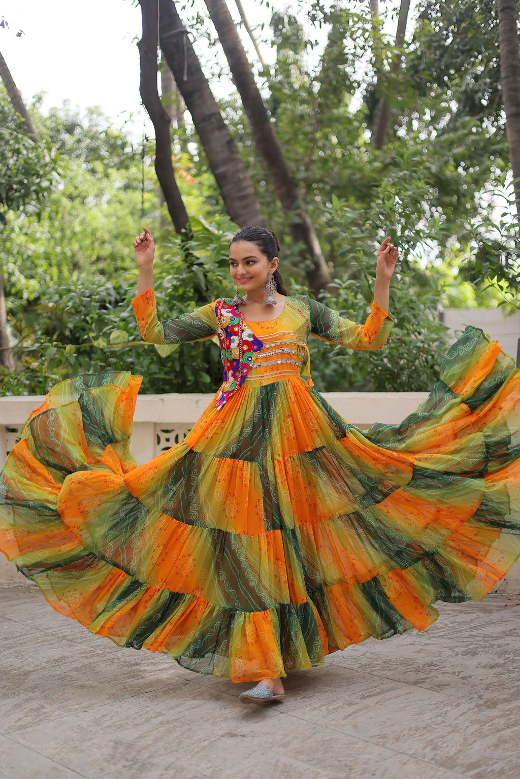 Lorenvalley Fashion Multicolor Faux Georgette Laheriya & Bandhej Print with kutchi patche work Gown