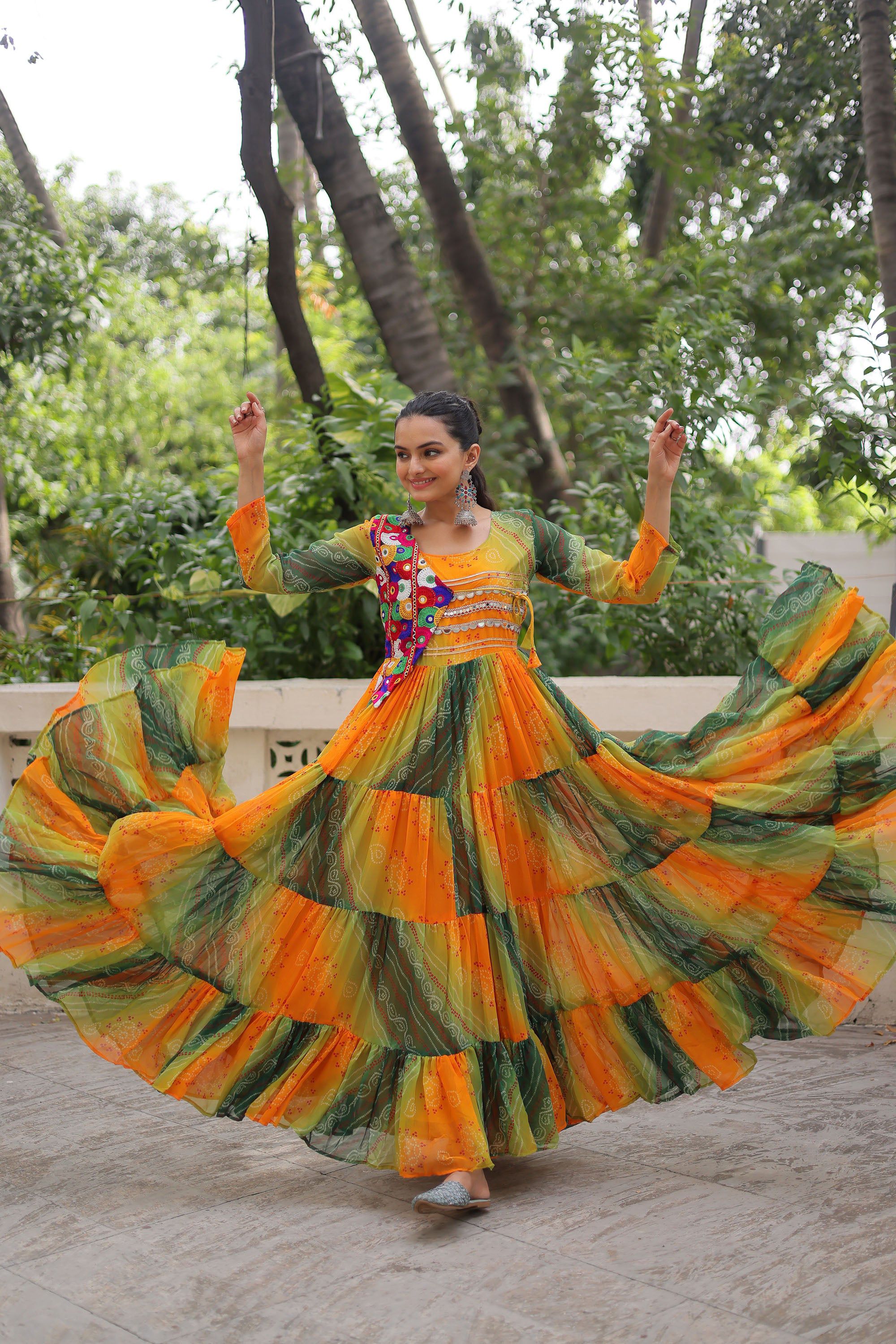 Lorenvalley Fashion Multicolor Faux Georgette Laheriya & Bandhej Print with kutchi patche work Gown