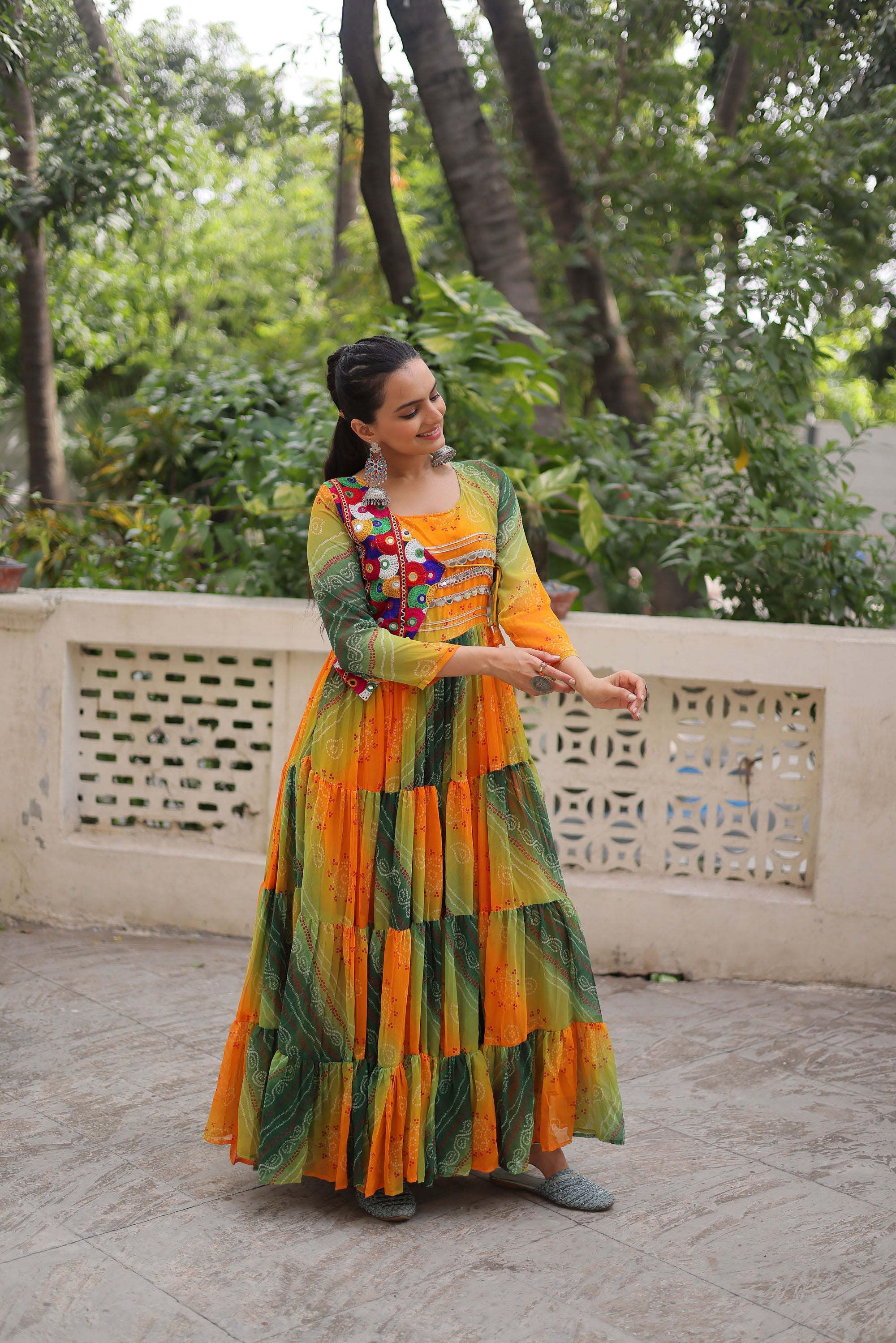 Lorenvalley Fashion Multicolor Faux Georgette Laheriya & Bandhej Print with kutchi patche work Gown