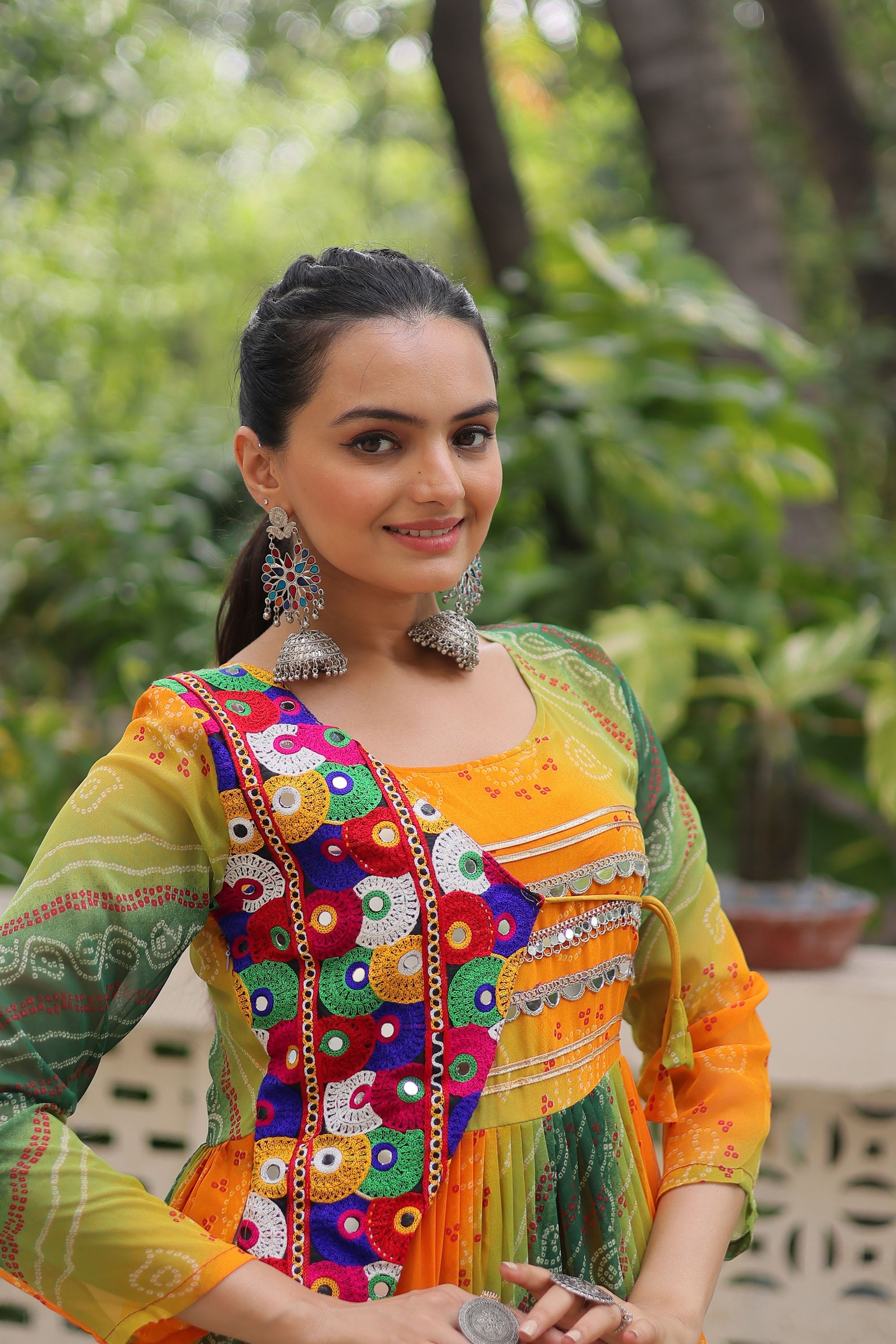 Lorenvalley Fashion Multicolor Faux Georgette Laheriya & Bandhej Print with kutchi patche work Gown