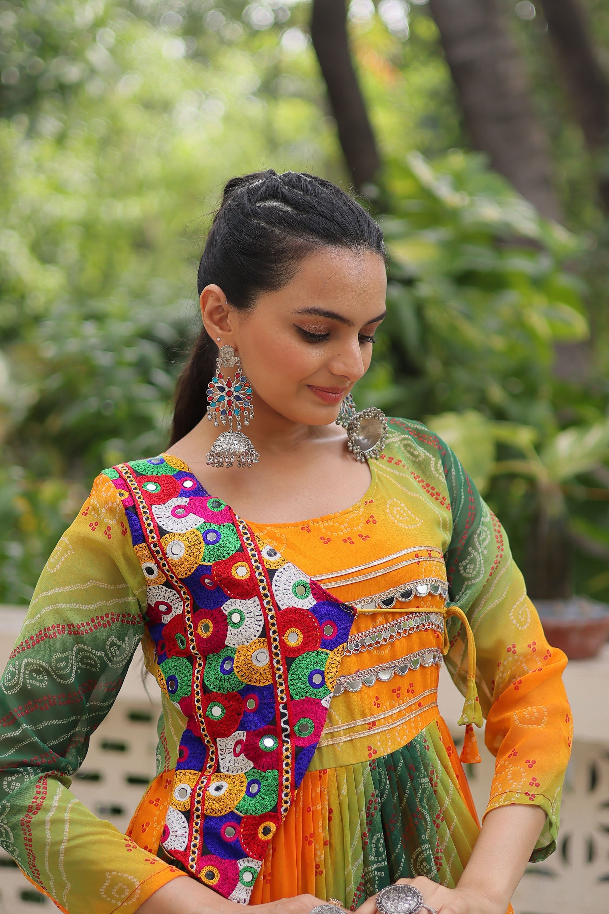 Lorenvalley Fashion Multicolor Faux Georgette Laheriya & Bandhej Print with kutchi patche work Gown