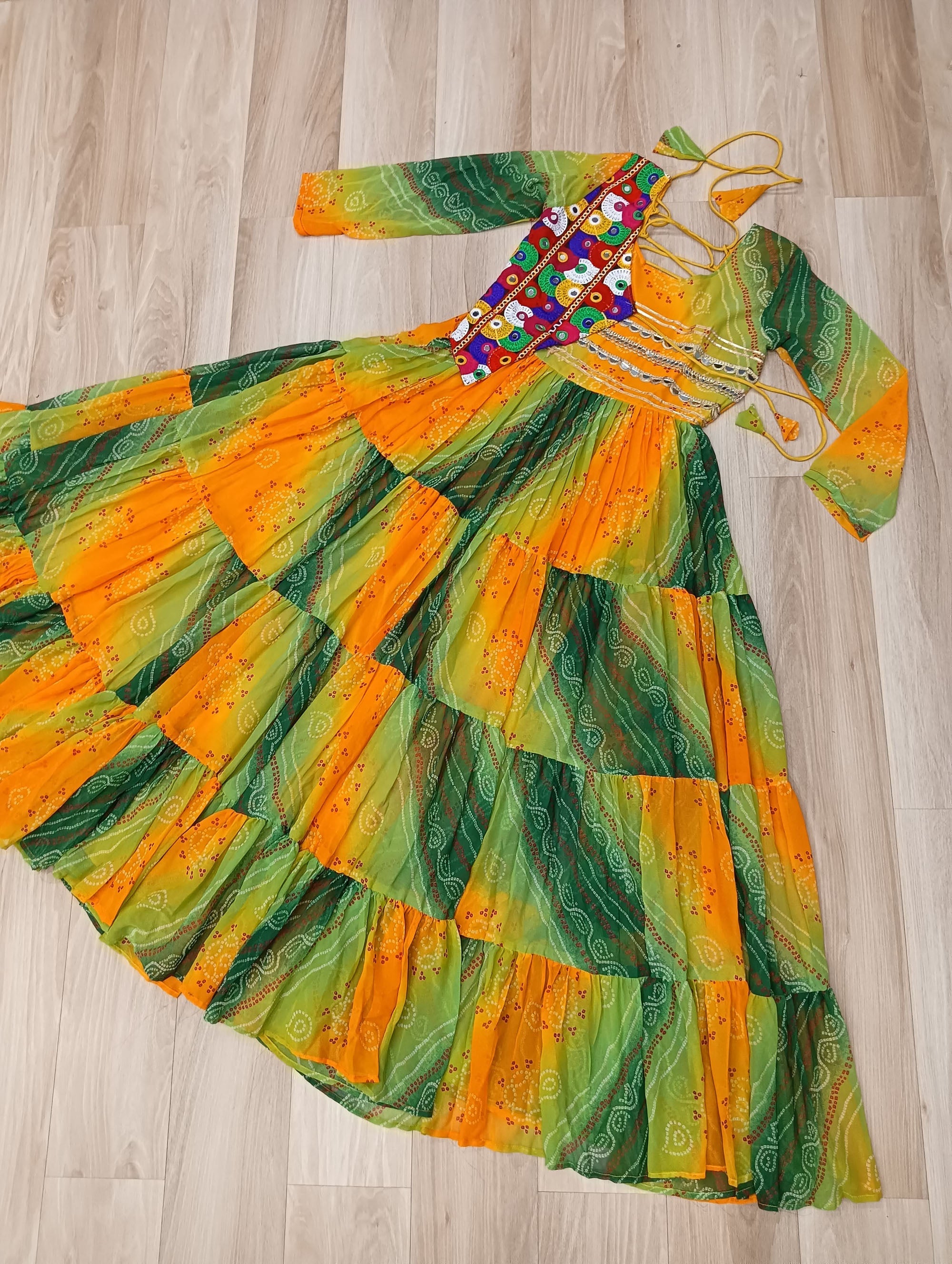 Lorenvalley Fashion Multicolor Faux Georgette Laheriya & Bandhej Print with kutchi patche work Gown