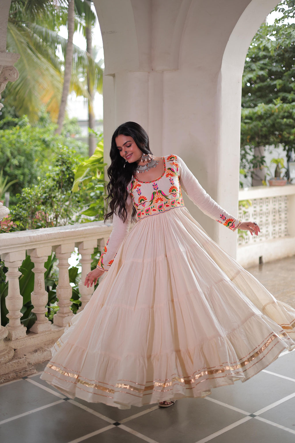 Prazu Fashion Off White Cotton With Multi Thread Embroidered Gown